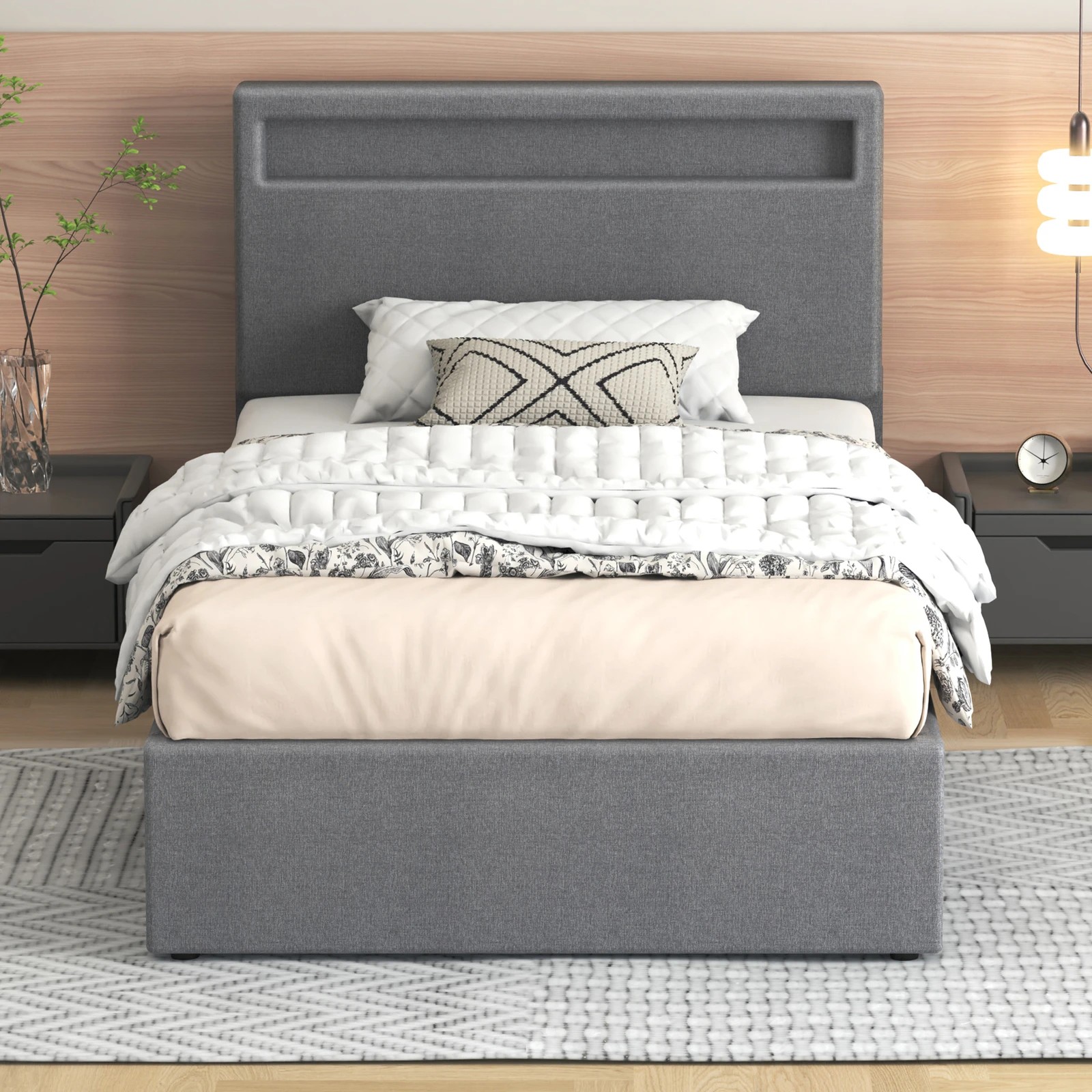 3 Alfordson Bed Frame Single Size RGB LED Gas Lift Storage Base Luchino - Grey, 3 of 10