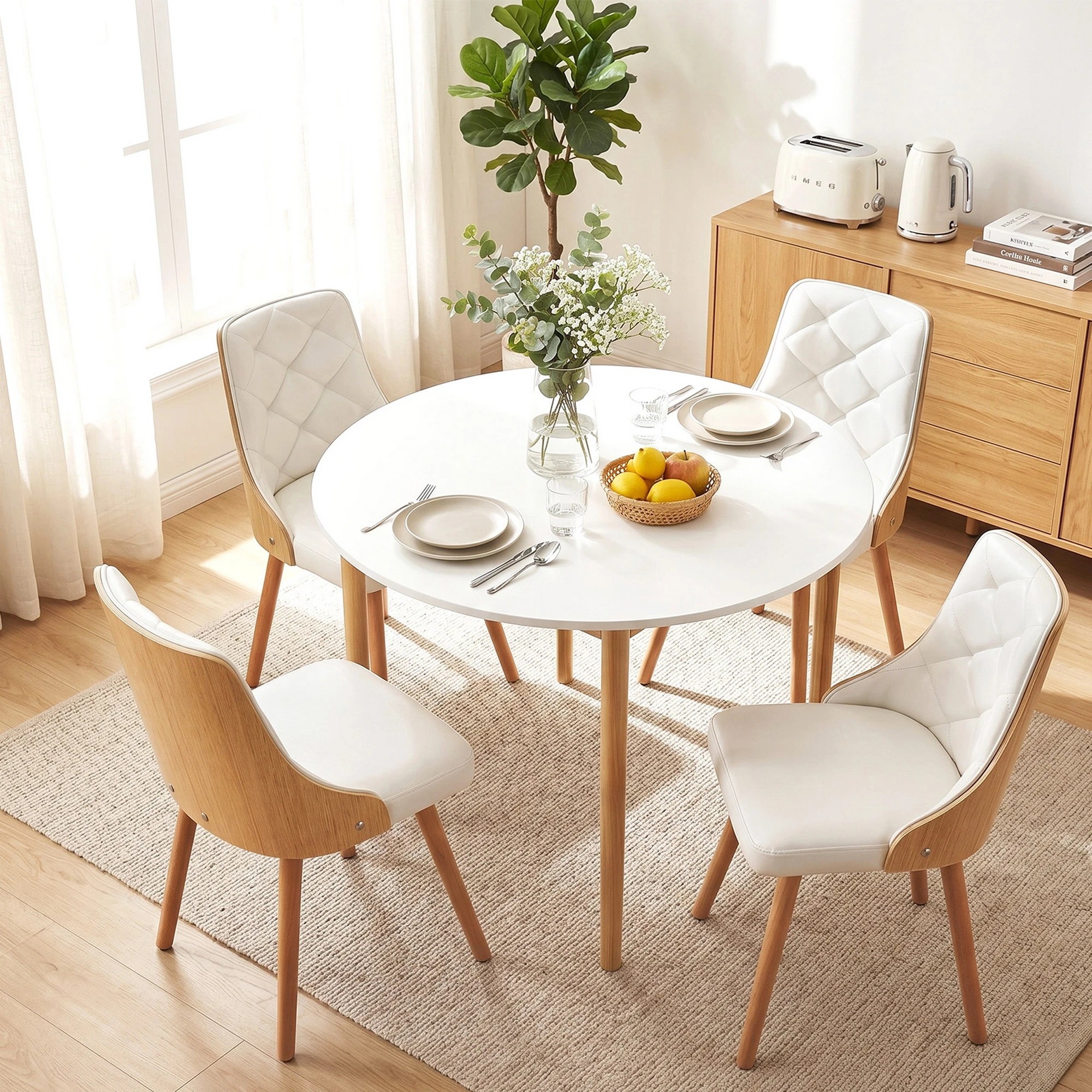 8 Artiss Dining Table and Chairs Set 5PCS Round 4 PU Leather Seater Dining Set - White, 8 of 9