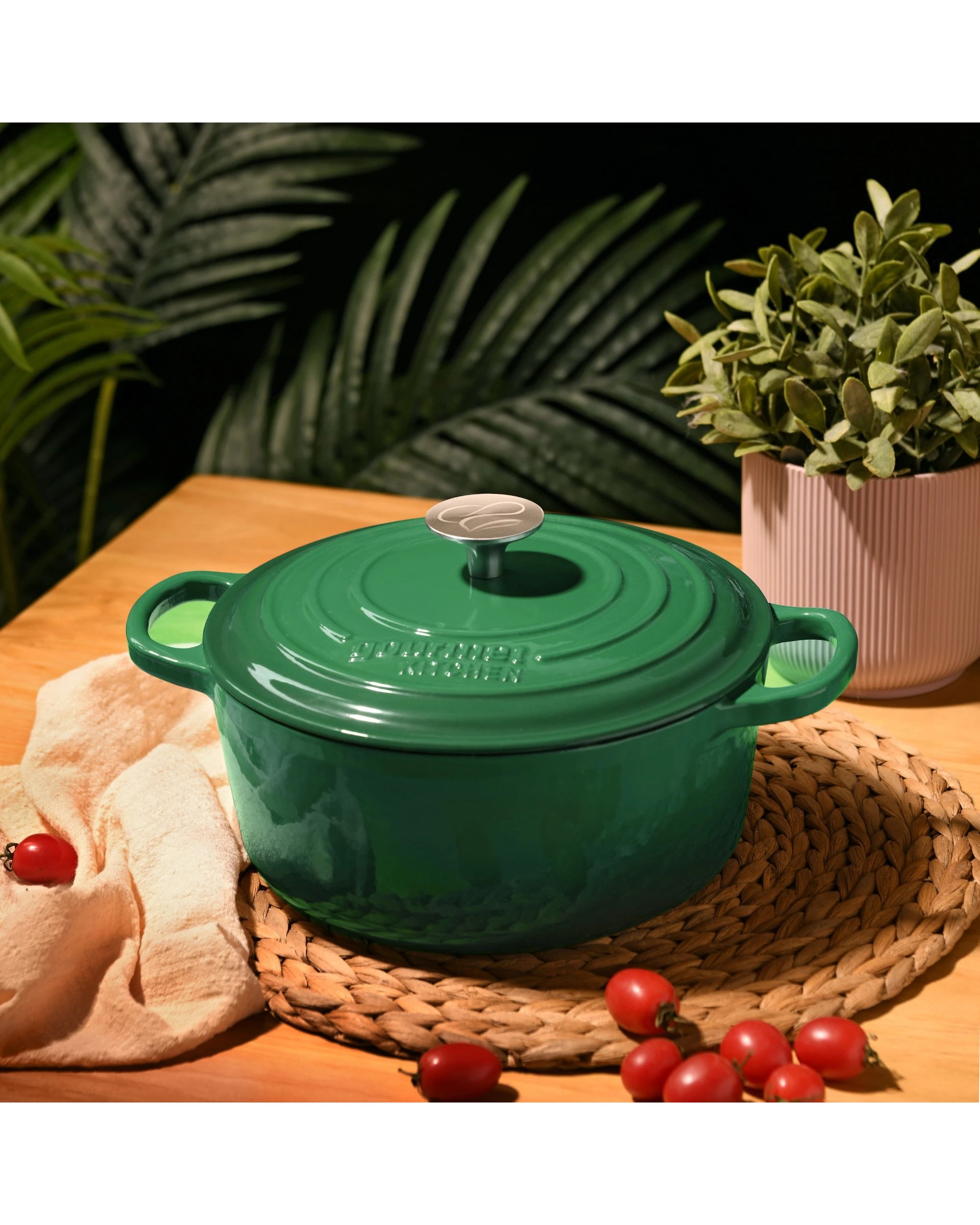 1 Gourmet Kitchen Enamelled Cast Iron Casserole 24cm - Eden Green, 1 of 9