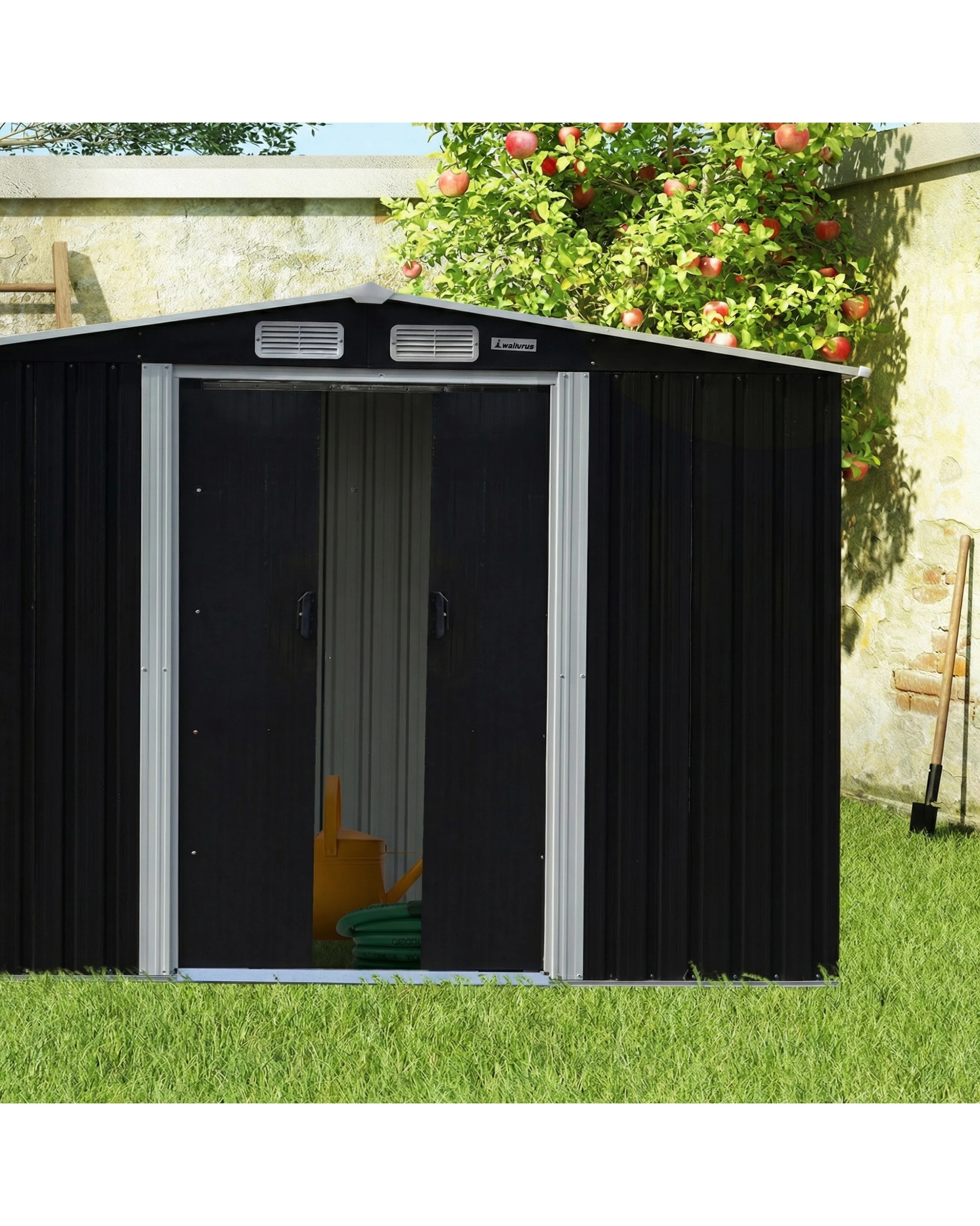 7 Wallaroo 4x8ft Zinc Steel Garden Shed with Open Storage Tool Shelter Sloped Roof - Black, 7 of 8