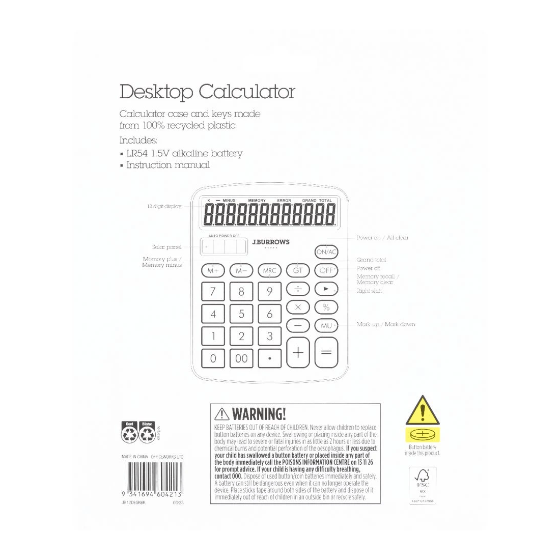4 J.Burrows 12 Digit Tax Desktop Calculator Black, 4 of 4