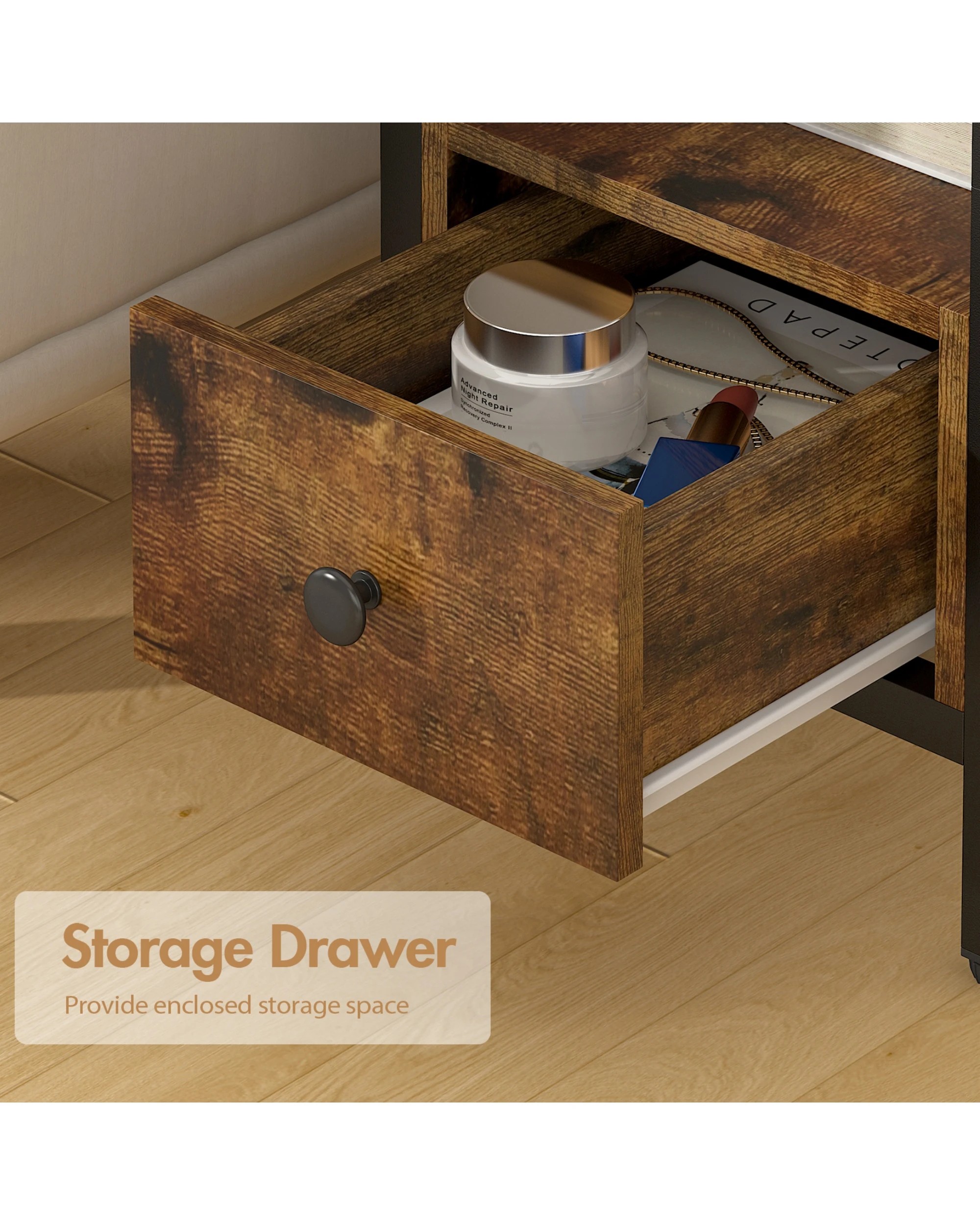 6 Advwin Set of 2 Side Tables w/ Charging Station & Drawer Walnut, 6 of 8