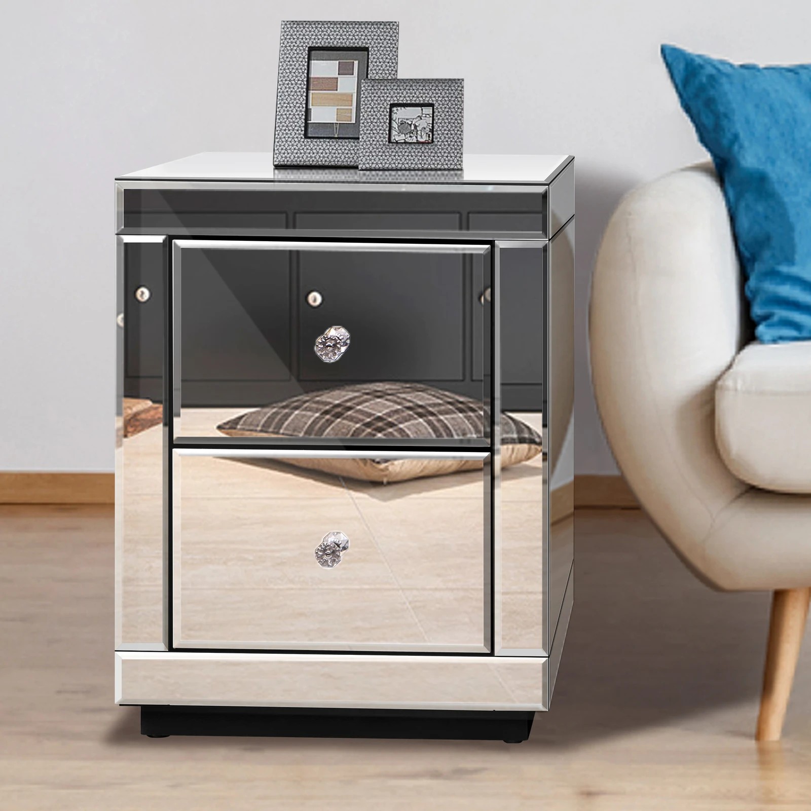 5 Alfordson 2x Mirrored Bedside Table Nightstand Storage Drawers - Silver, 5 of 10