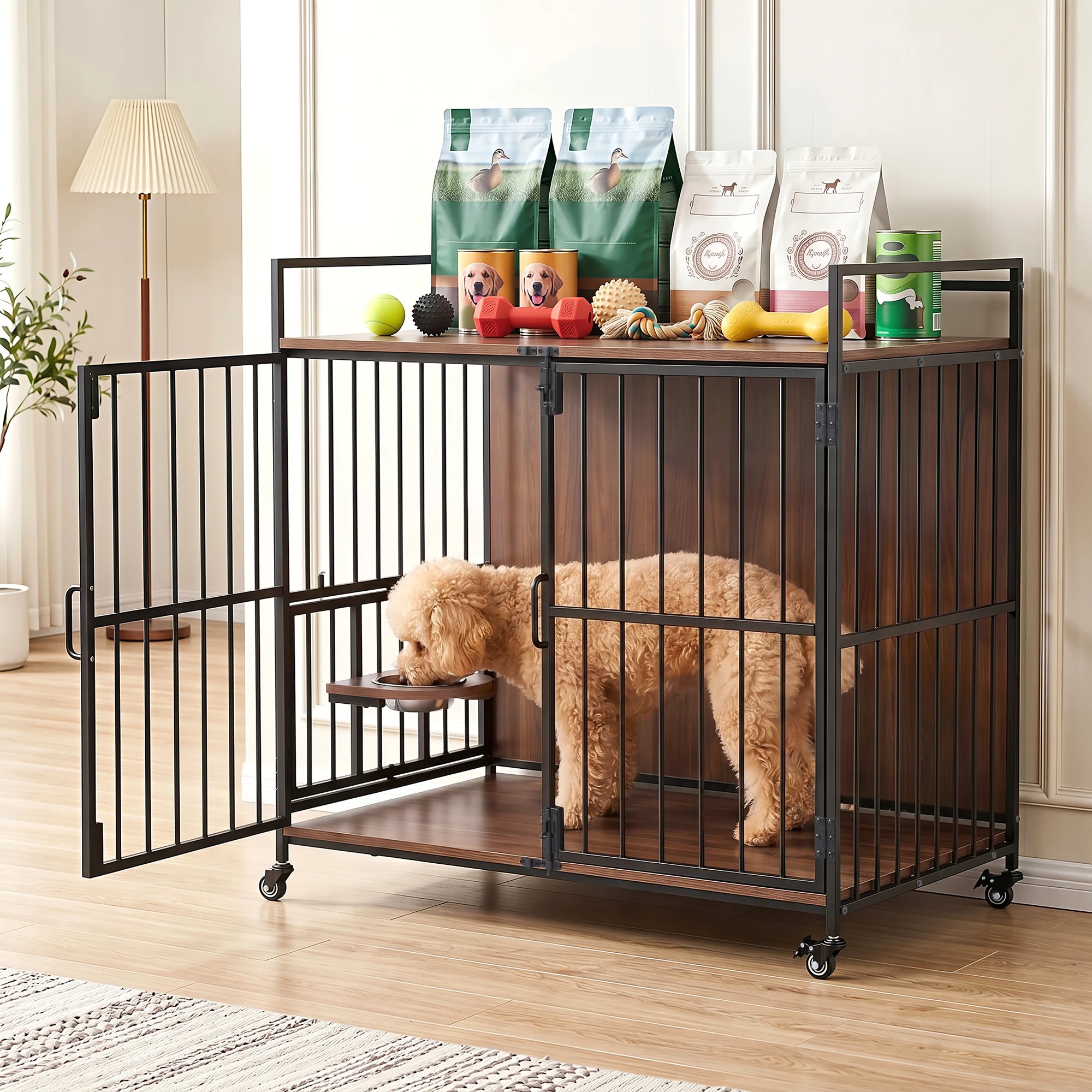 6 i.Pet 2-in-1 Wooden Dog Crate 99cm Pet Cage Furniture End Table Wheels - Multi, 6 of 7