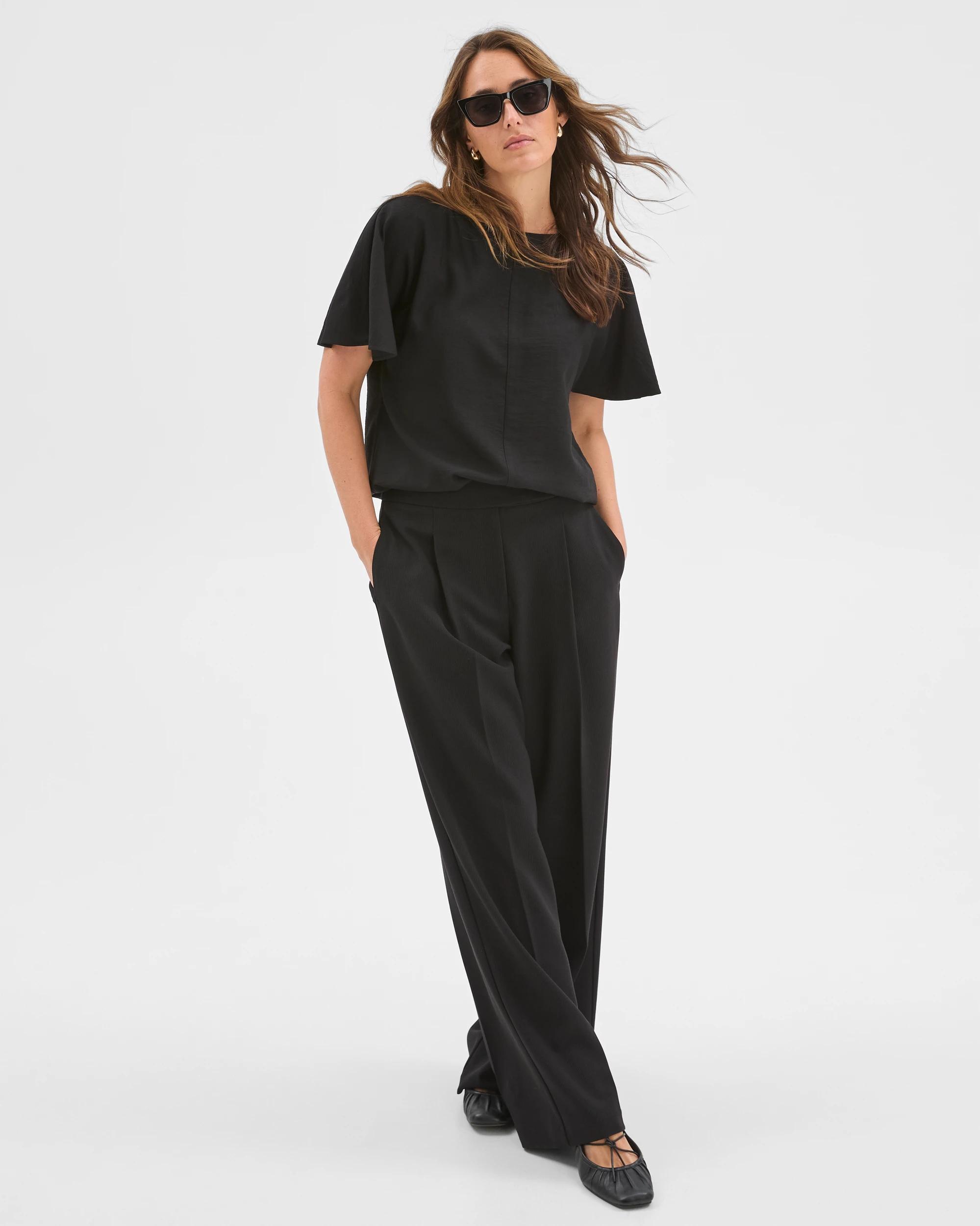 1 Preview Short Flutter Sleeve Textured Blouse BLACK, 1 of 6