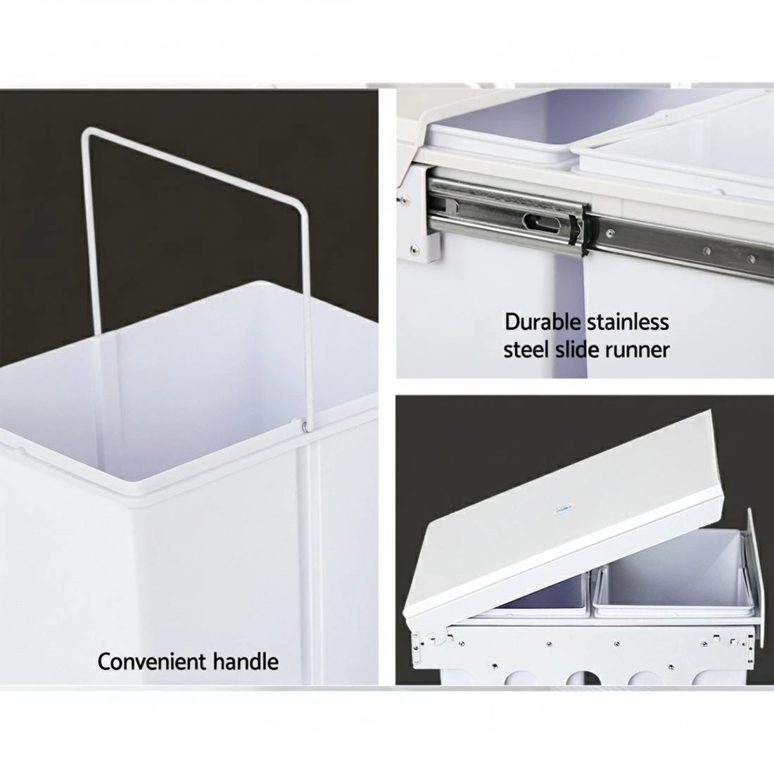 3 Cefito Pull Out Bin Kitchen Double Basket 2X15L - White, 3 of 7