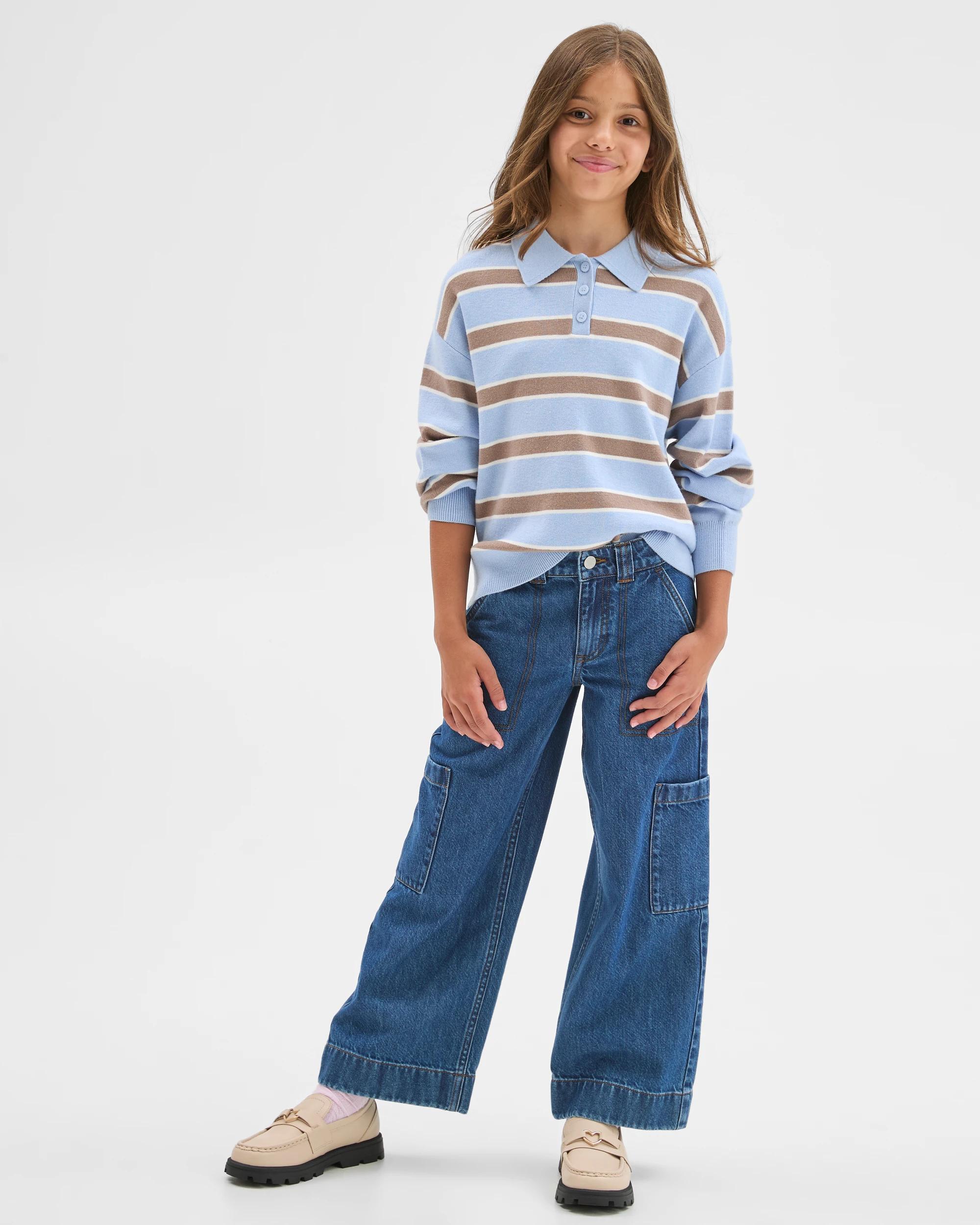 2 Target Kids Long Sleeve Loose Knit Rugby Jumper BLUE CREA STRIPE, 2 of 6