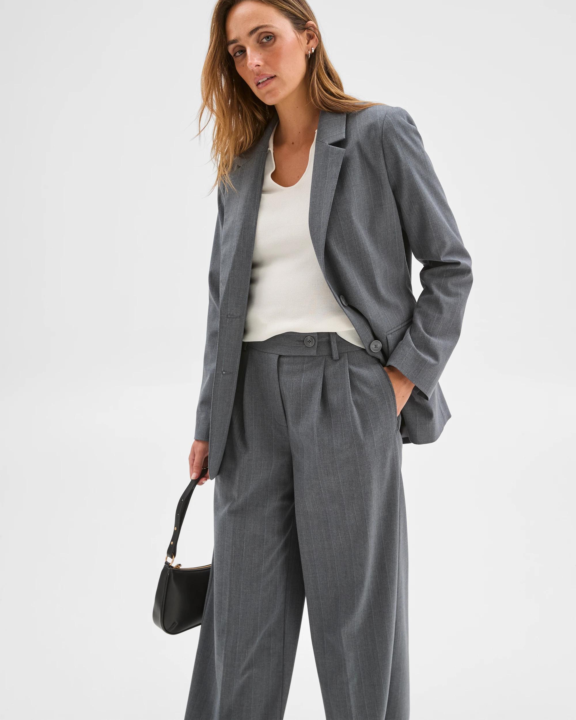 3 Preview Classic Full Length Wide Leg Pants GREY PINSTRIPE, 3 of 6