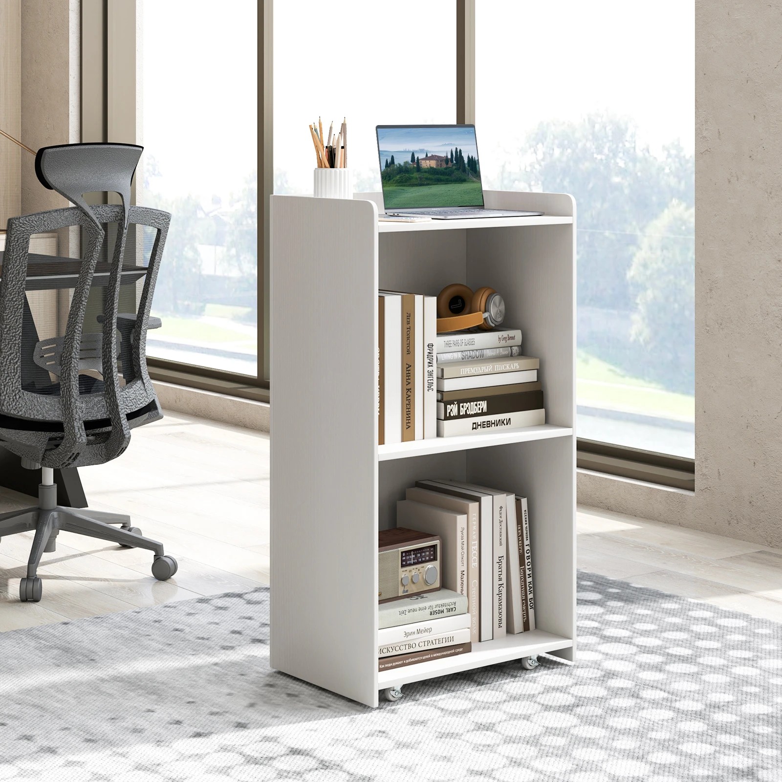 3 Costway 105cm Rolling Lectern Stand Presentation Podium w/Storage Shelves - White, 3 of 6