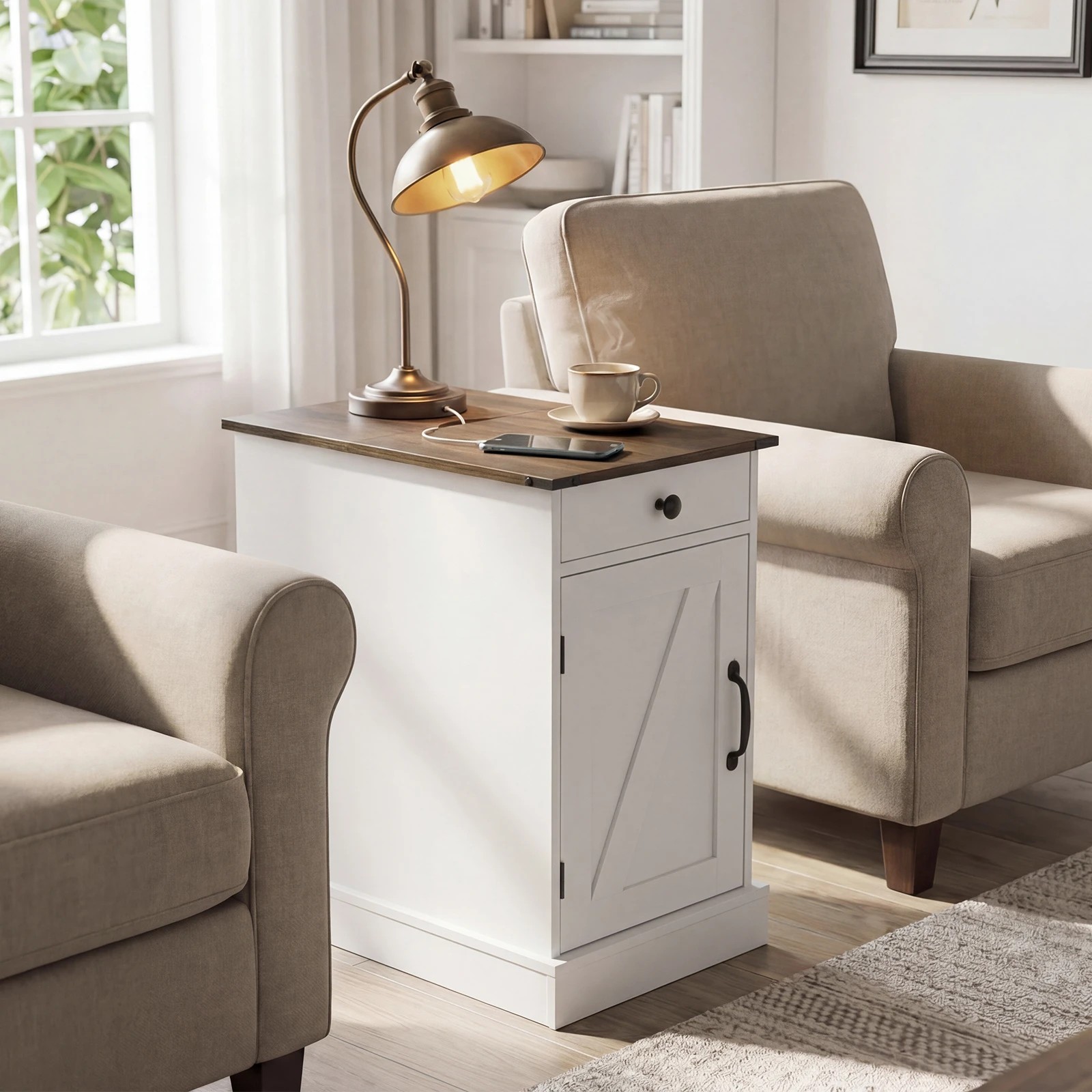 5 Costway Bedside Table w/Power Outlets Sofa Side Table - White, 5 of 7