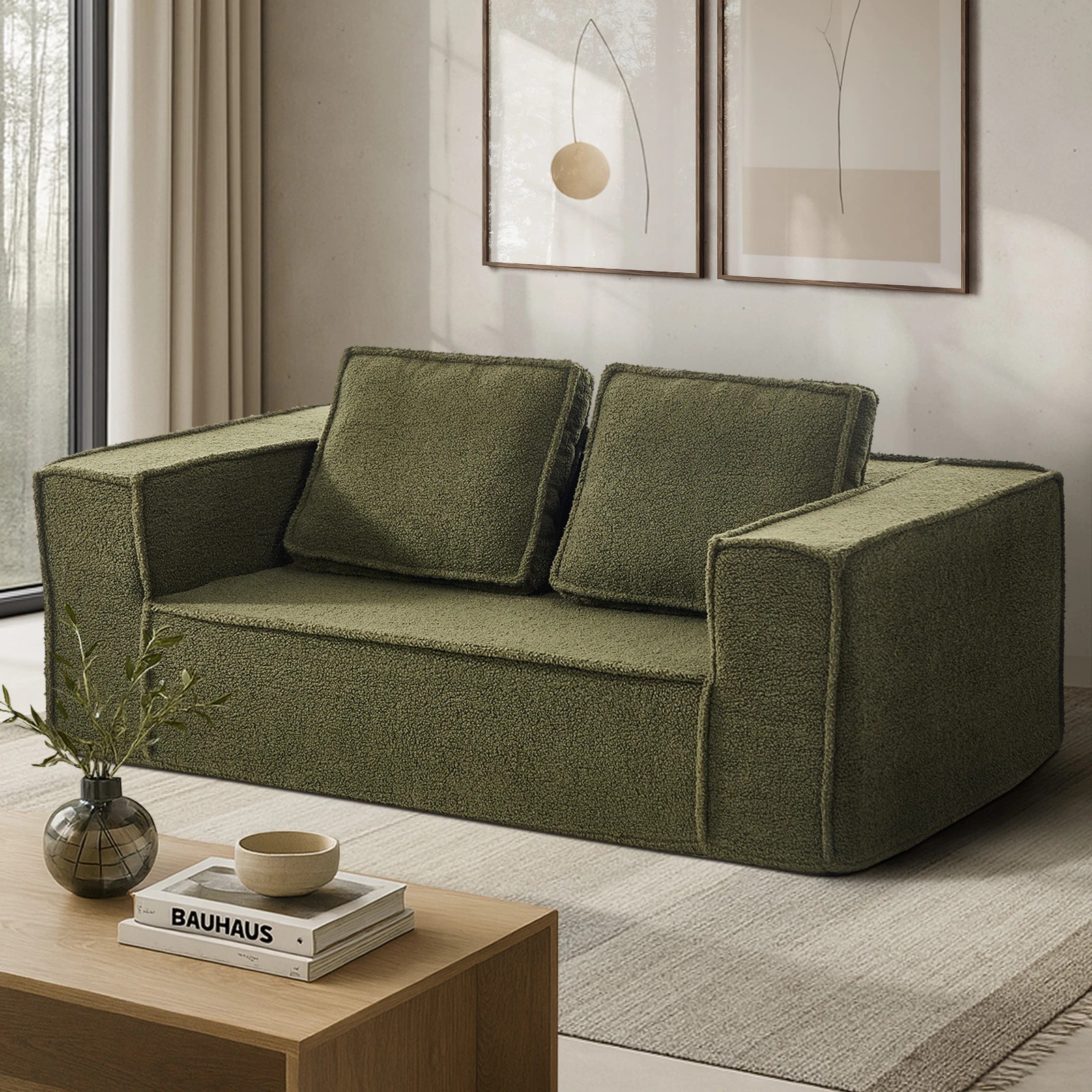 4 Oikiture 2-Seater Compressed Sofa Sherpa Boucle - Green, 4 of 10