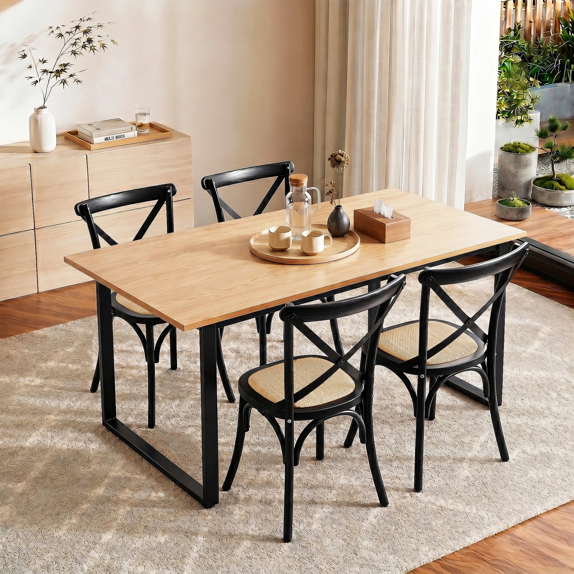 2 Artiss Dining Table and Chairs Set 5PCS Industrial 4 Black Rattan Chairs for Kitchen, Dining Room - Multi, 2 of 8