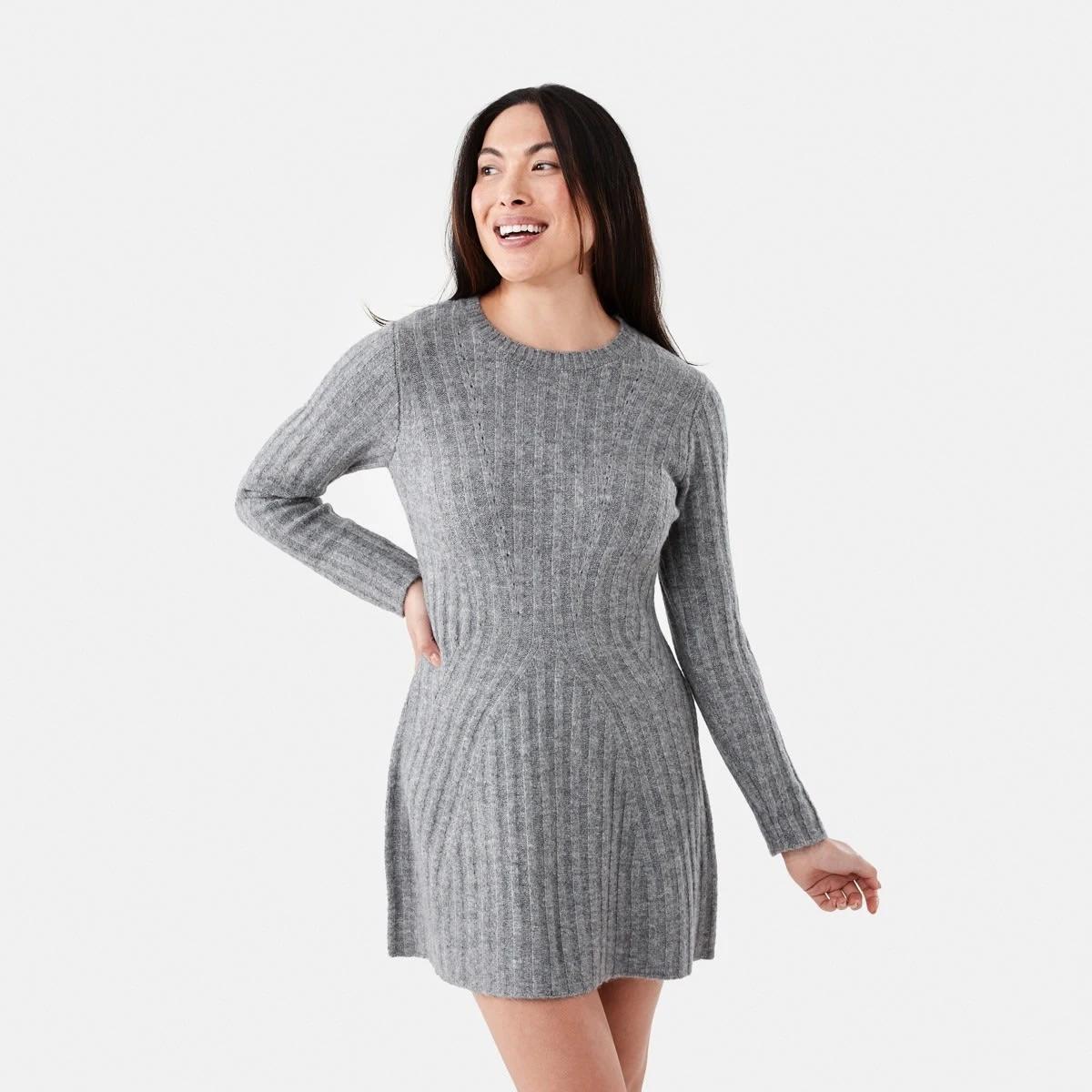 1 Long Sleeve Rib True Knit Skater Mini Dress Grey Marle, 1 of 7