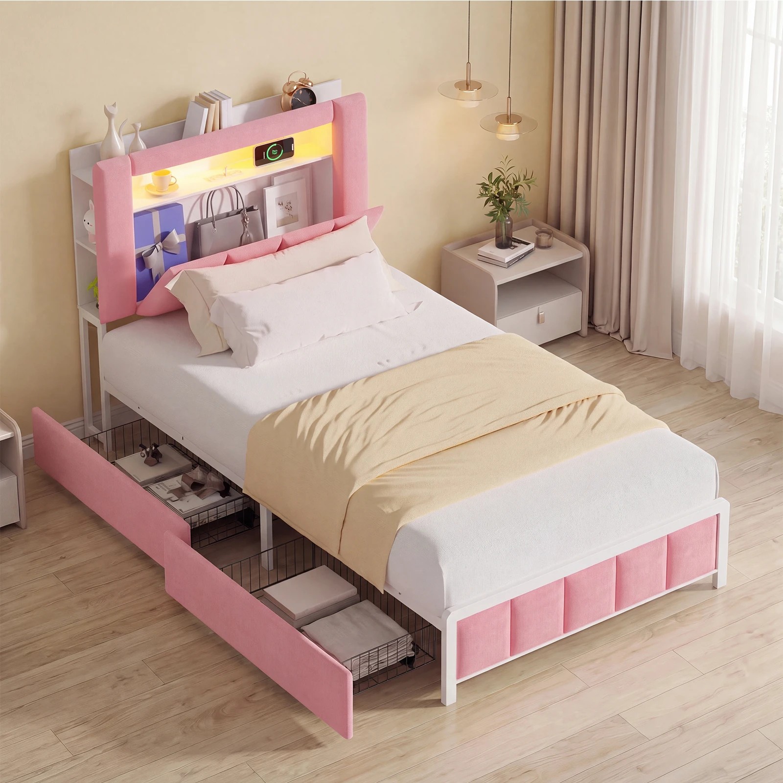 7 Advwin Kingsingle Bed Frame with LED Shelves and Charging Station - Pink, 7 of 7