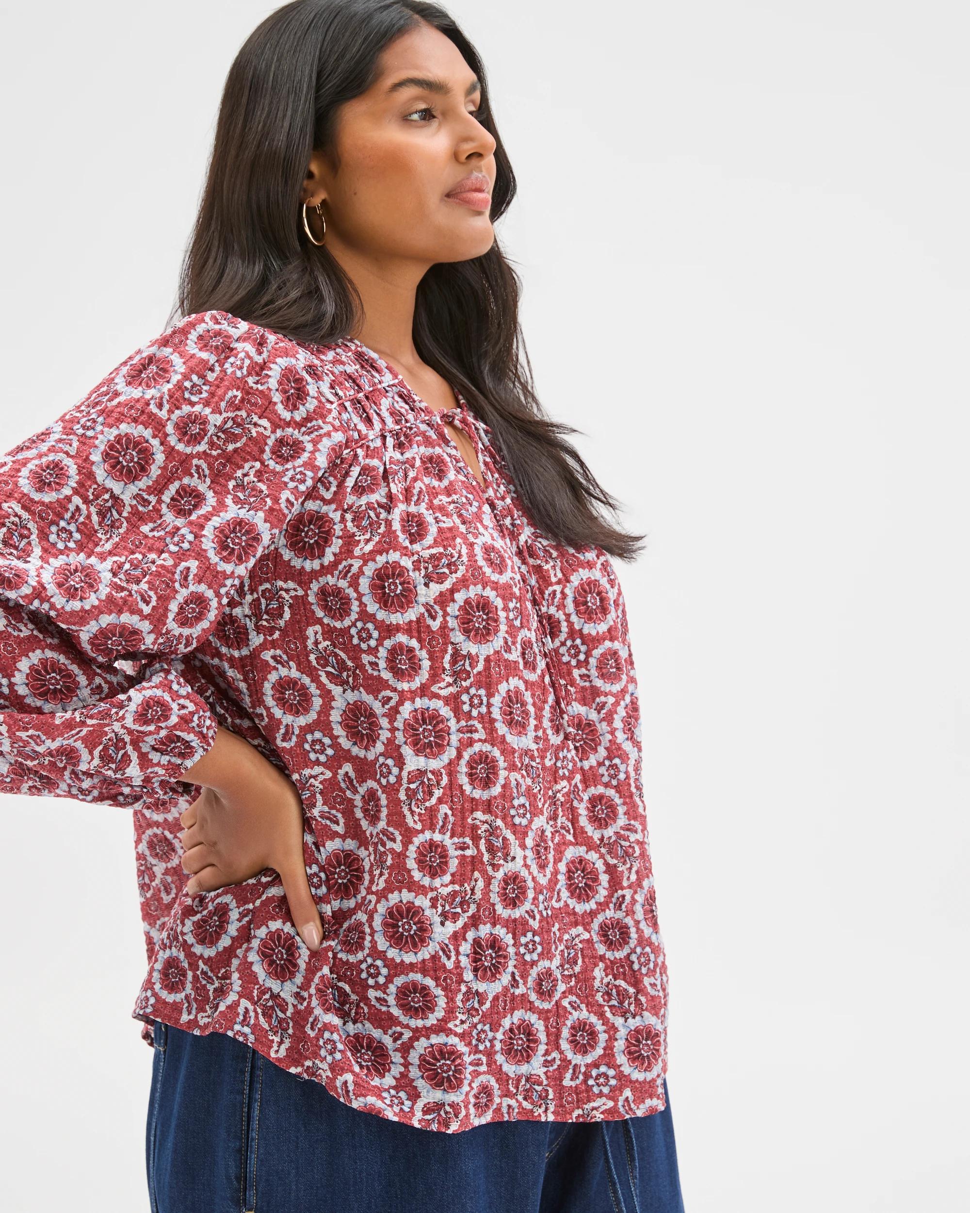 2 Target Curve Plus Size Long Sleeve Printed Gather Detail Blouse RED FLORAL, 2 of 6
