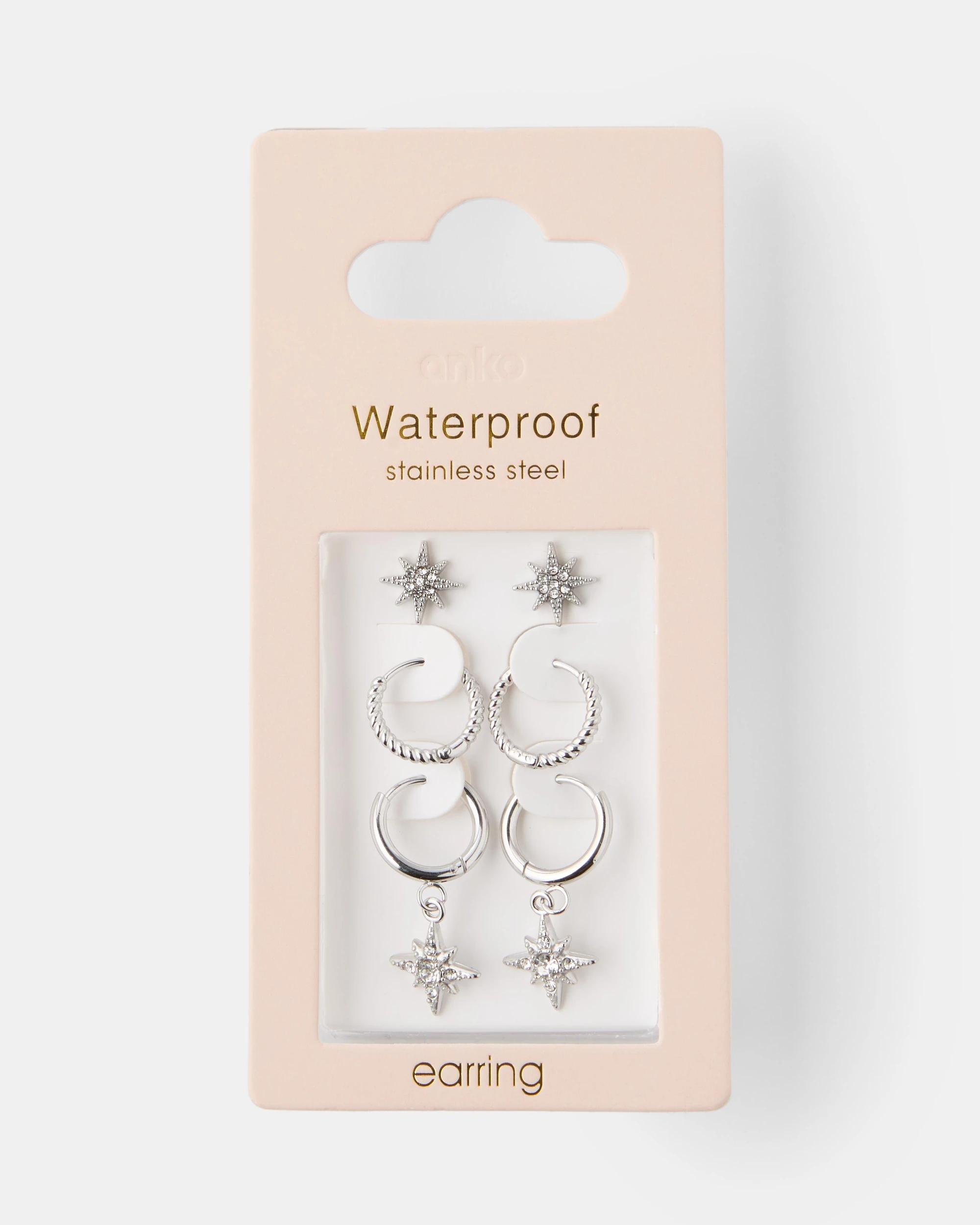 3 3 Pack Waterproof Stainless Steel Star Earrings - Silver Tone Silver, 3 of 3
