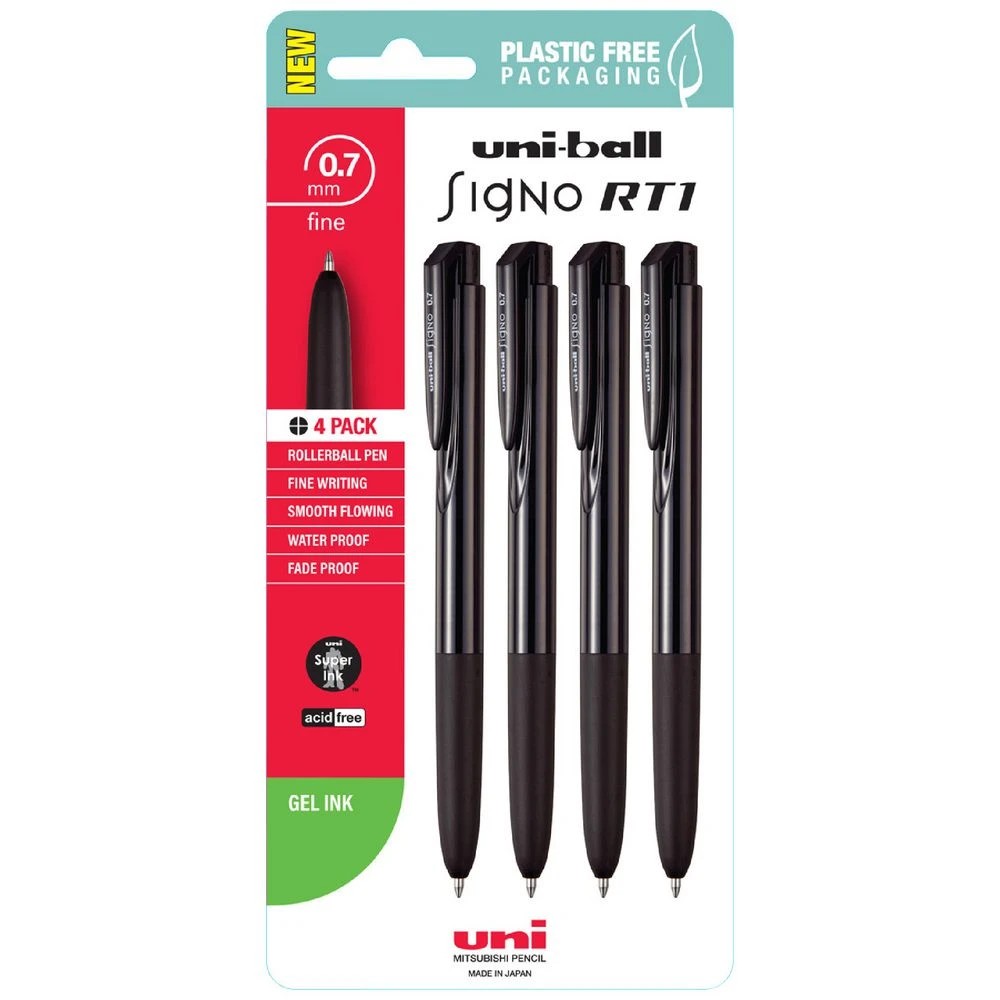 1 Uni-ball Signo RT1 Retractable Gel Pens 0.7mm Black 4 Pack, 1 of 2