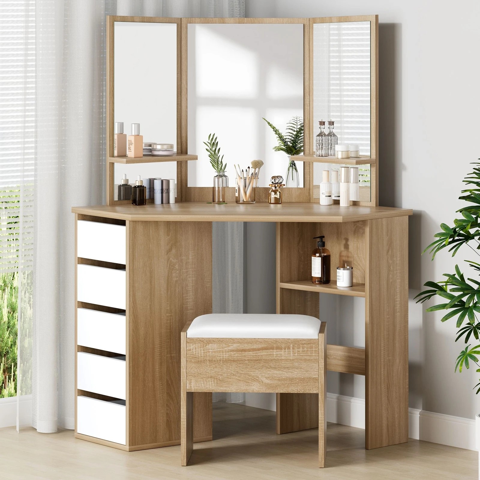 2 Alfordson Dressing Table Stool Set Makeup Tri-fold Mirror Vanity Desk - Oak, 2 of 10