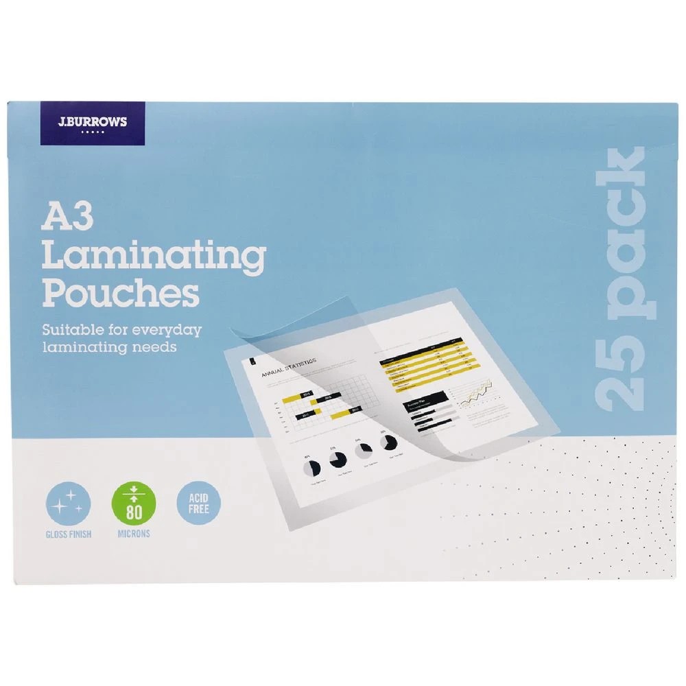 1 J.Burrows A3 Laminating Pouches 80 Micron 25 Pack Gloss, 1 of 3
