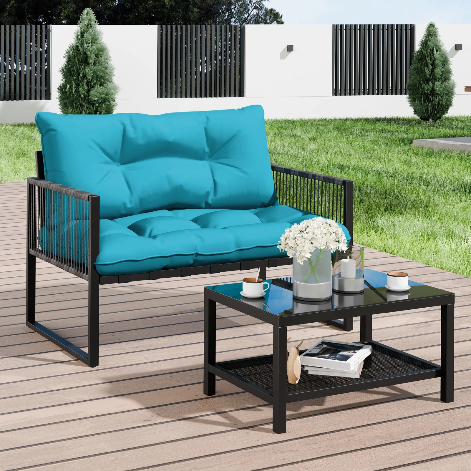 8 Alfordson 2PCS Outdoor Lounge Sofa Set Wicker Furniture Table and Chairs Garden - Blue, 8 of 10