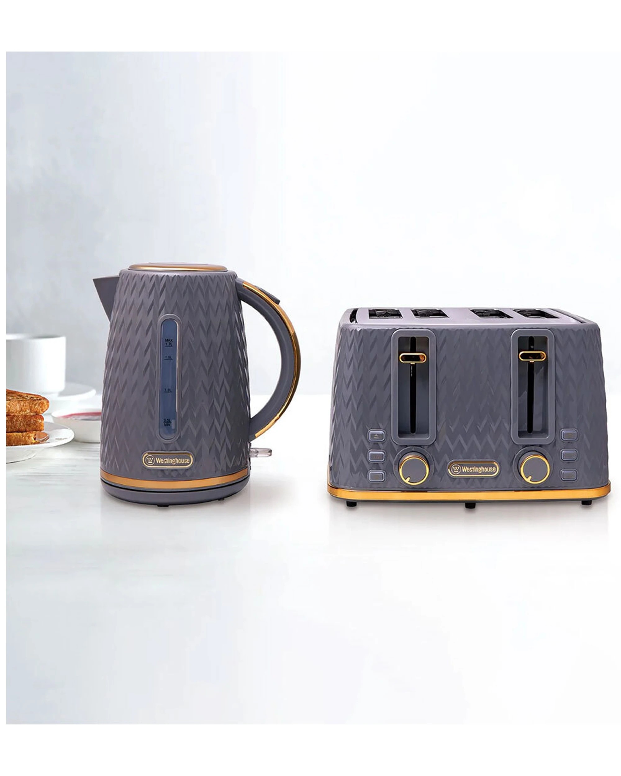 2 Westinghouse 1.7l Kettle & 4 Slice Toaster Pack Grey/gold Zig Zag Pattern - Grey, 2 of 7