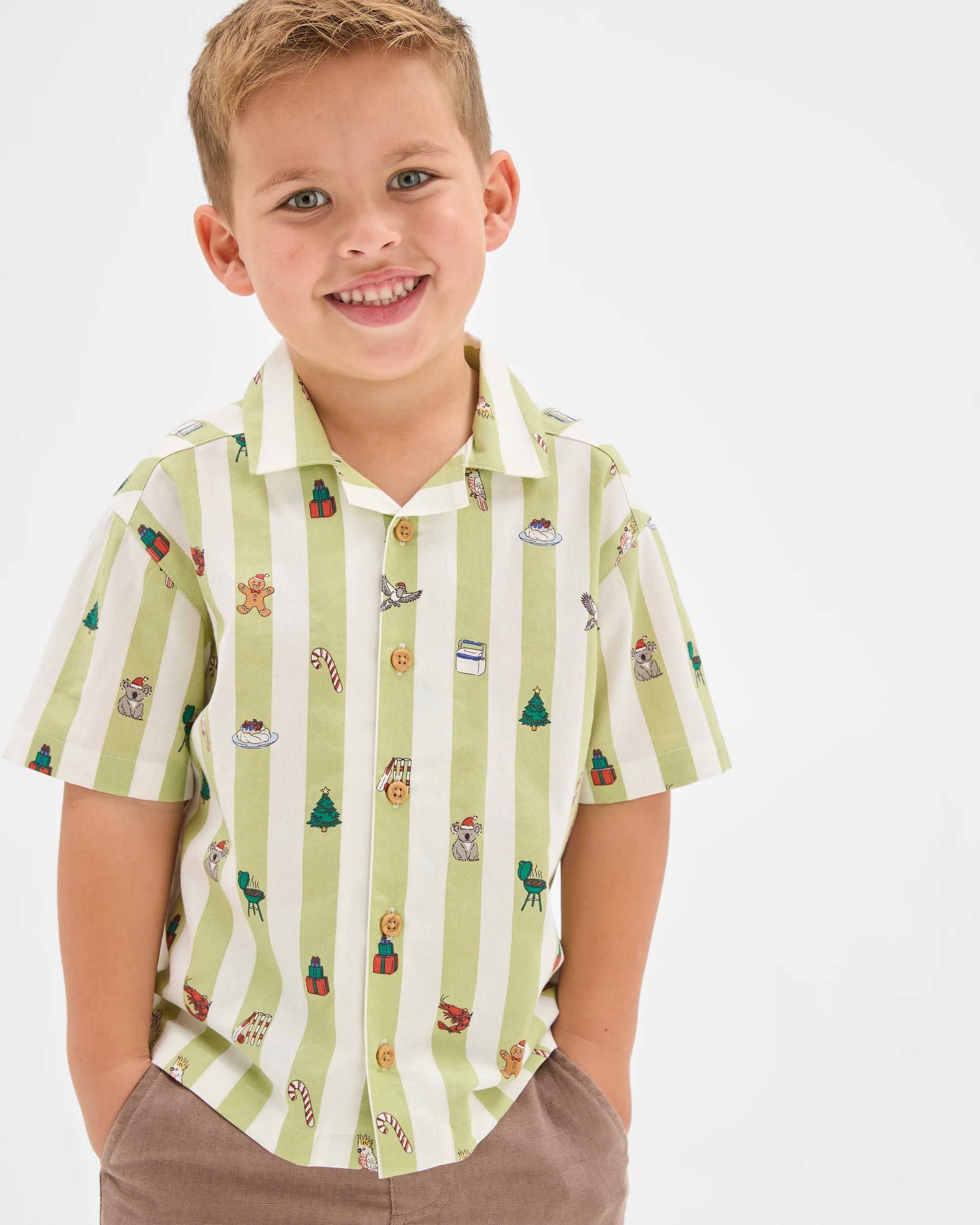 3 Target Kids Cotton Short Sleeve Christmas Shirt GREEN STRIPE, 3 of 7