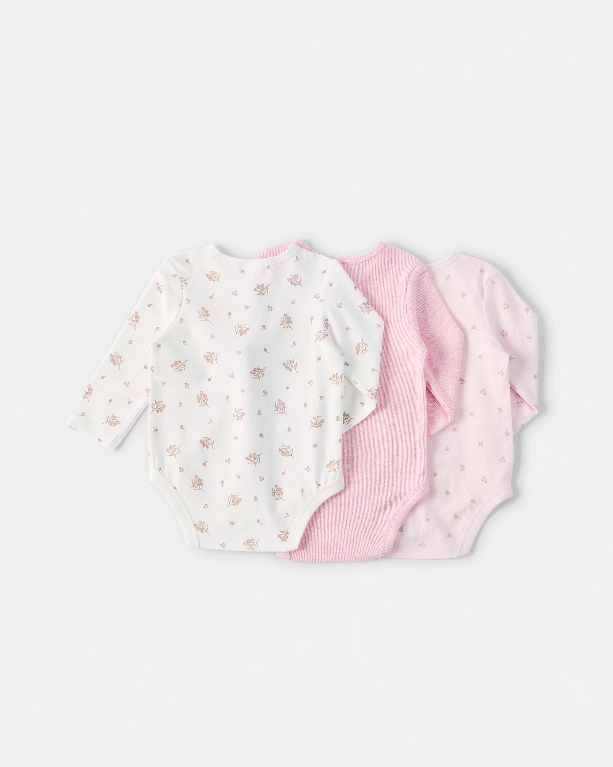 2 3 Pack Cotton Long Sleeve Bodysuits Pink Flrl, 2 of 8