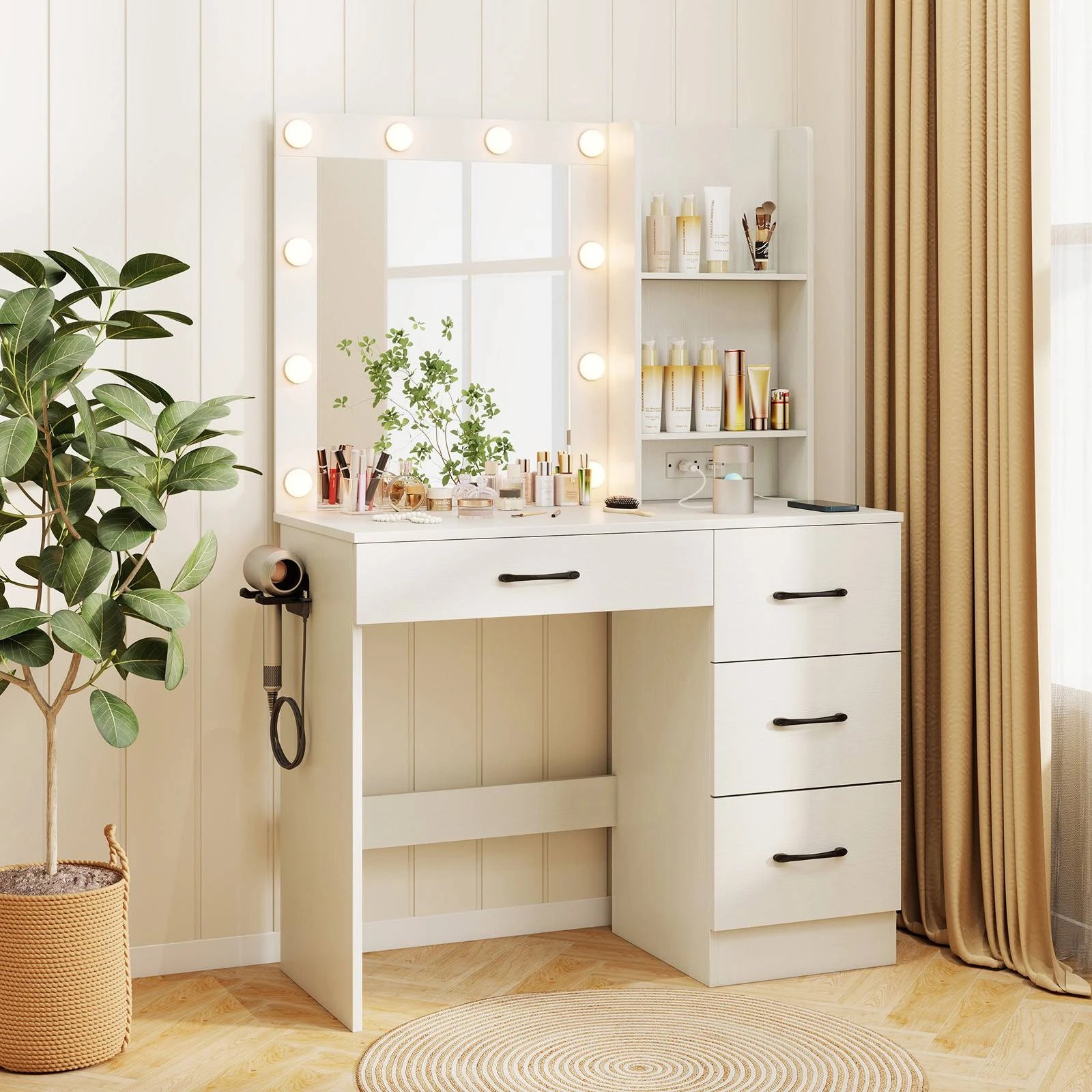 3 Costway 3-Color LED Dressing Table w/Charging Station Drawers Makeup Mirror Vanity Desk, 3 of 4