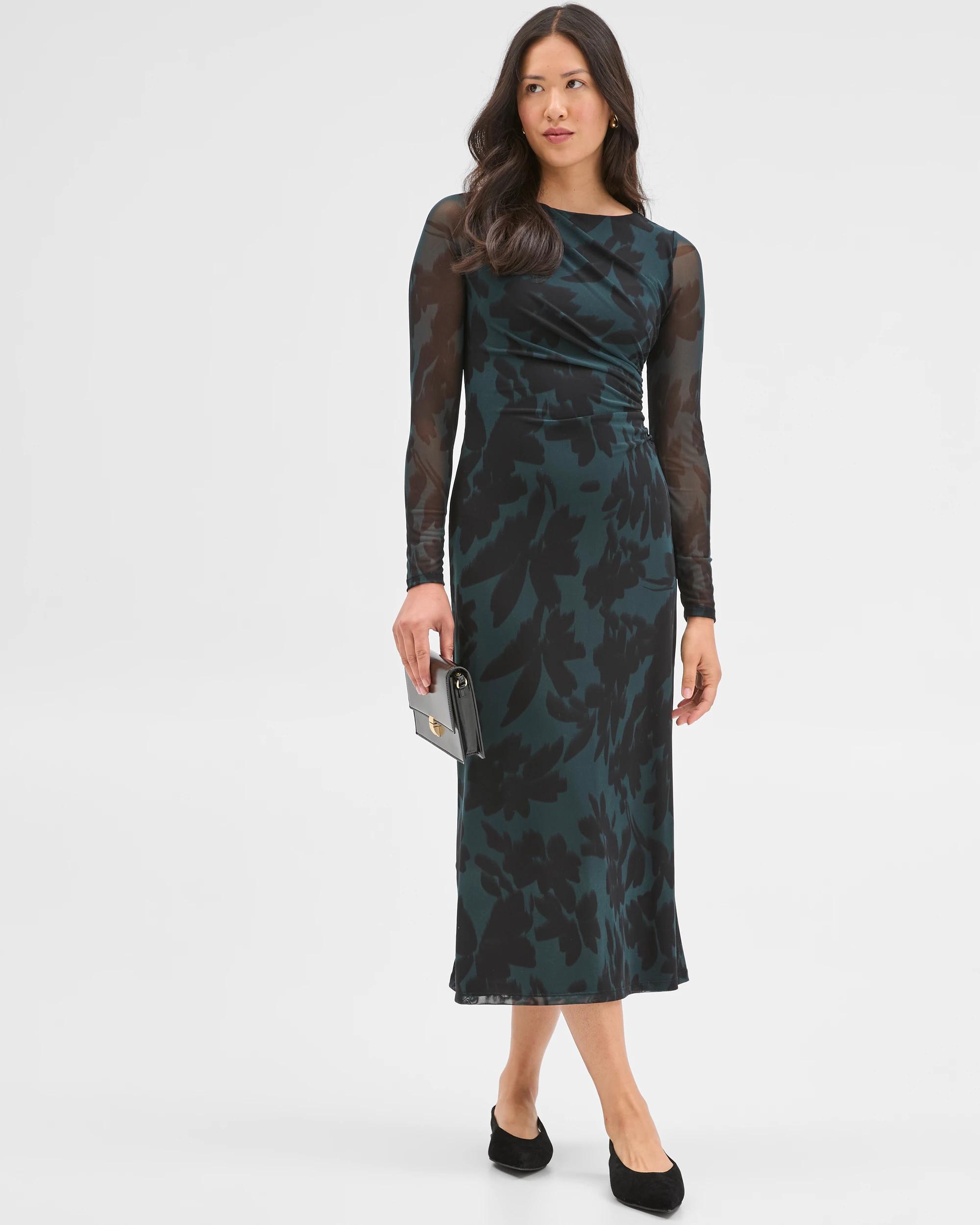 1 Preview Long Sleeve Mesh Midi Dress FLORAL BLUR, 1 of 6