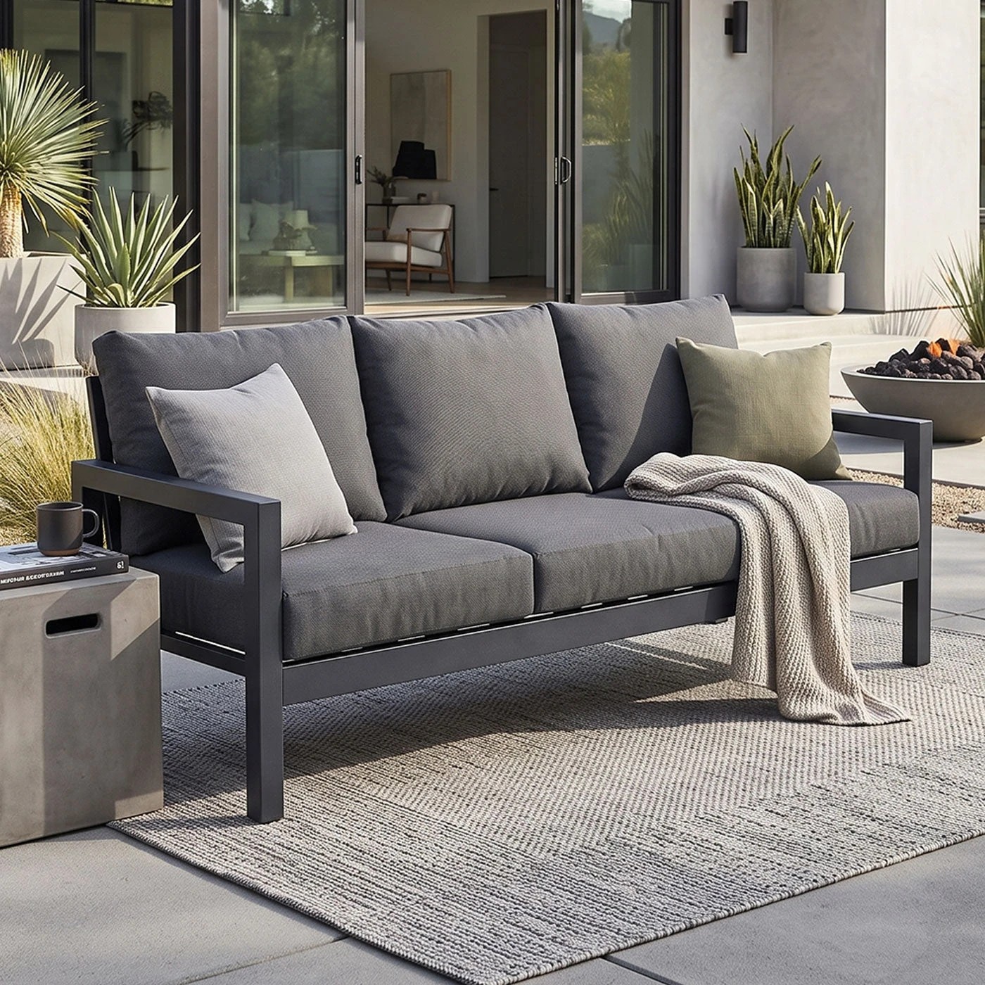 2 Moda Living Manly 3 Seater Charcoal Aluminium Outdoor Sofa Lounge - Dark Grey Cushions - Charcoal, 2 of 8