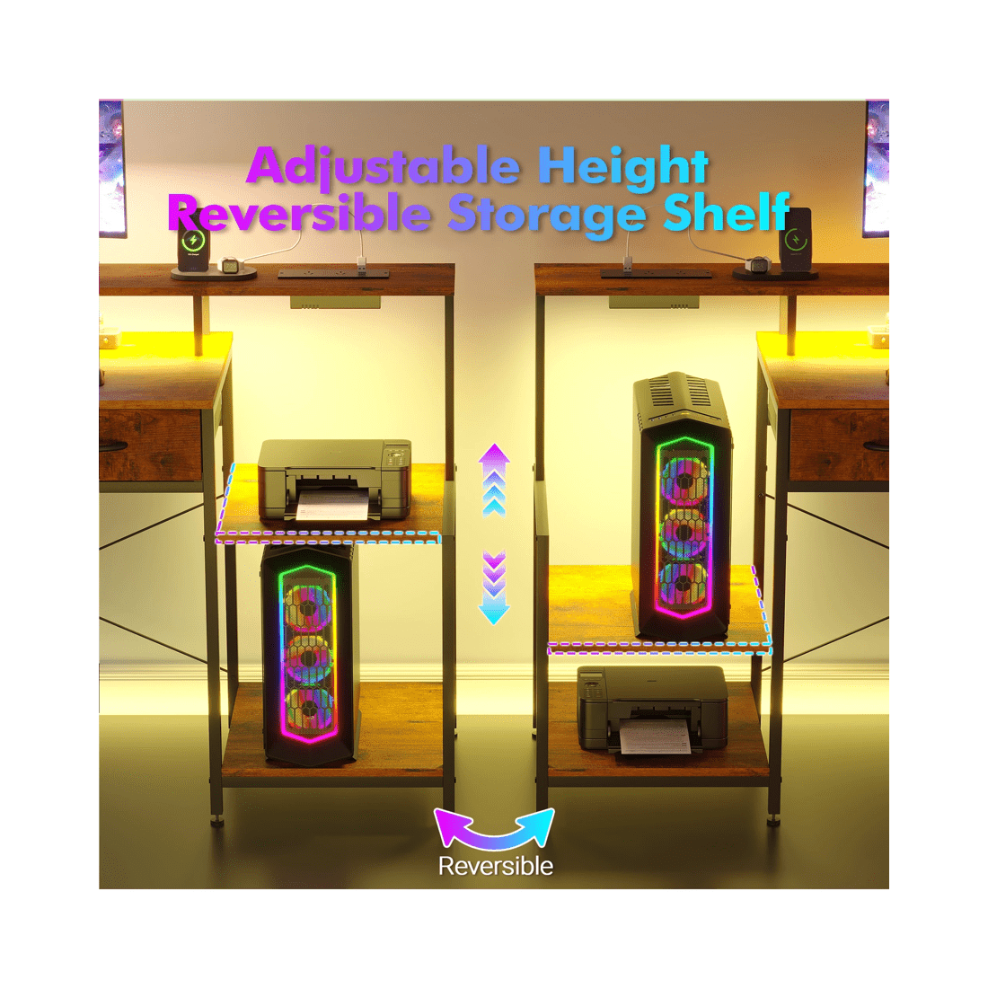 9 Advwin Gaming Desk With Led Lights Power Outlets Reversible Printer Storage Shelf 120cm Walnut, 9 of 10