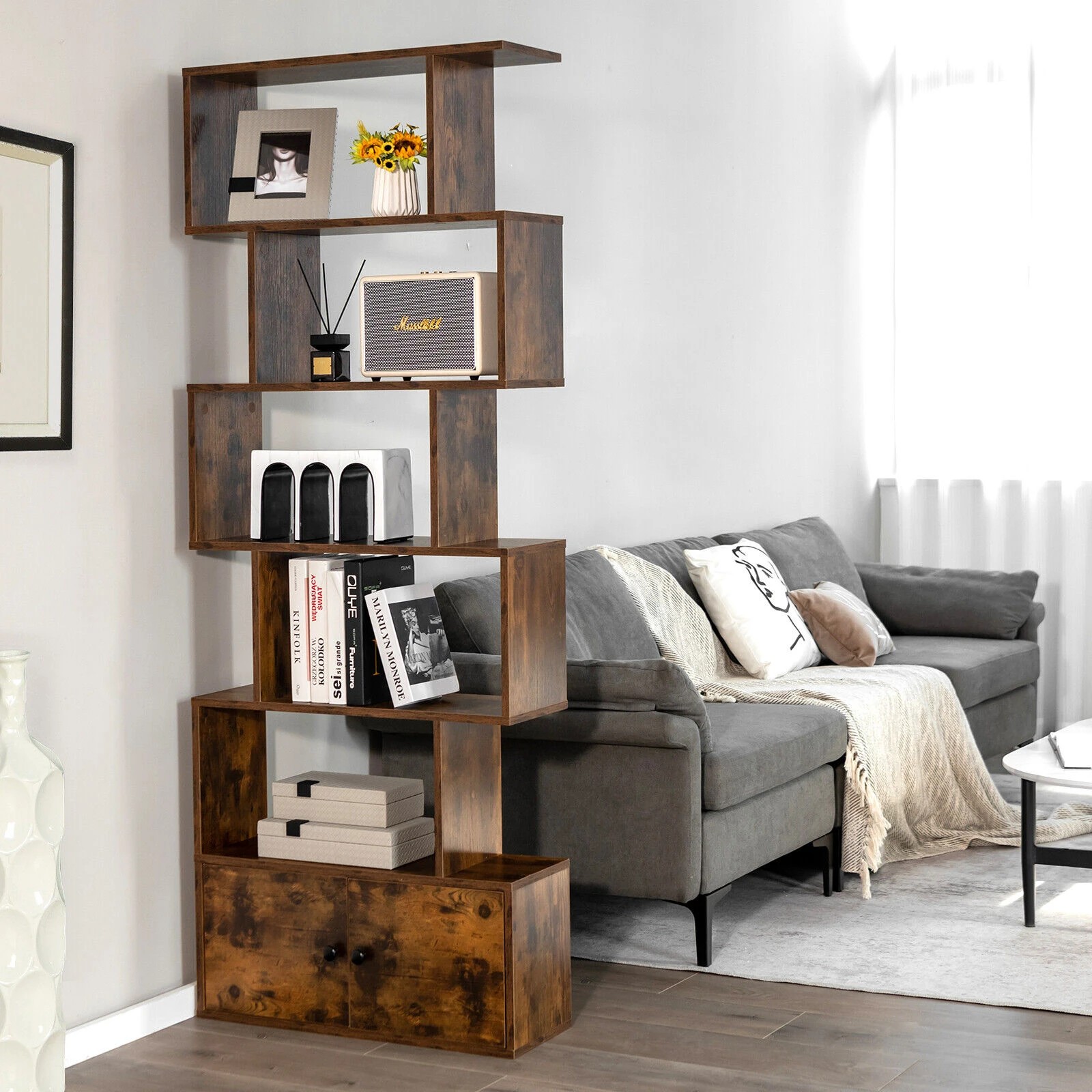 2 Costway 6-tier Bookcase Wood Bookshelf S-shaped Display Shelf Storage Cabinet - Brown, 2 of 4