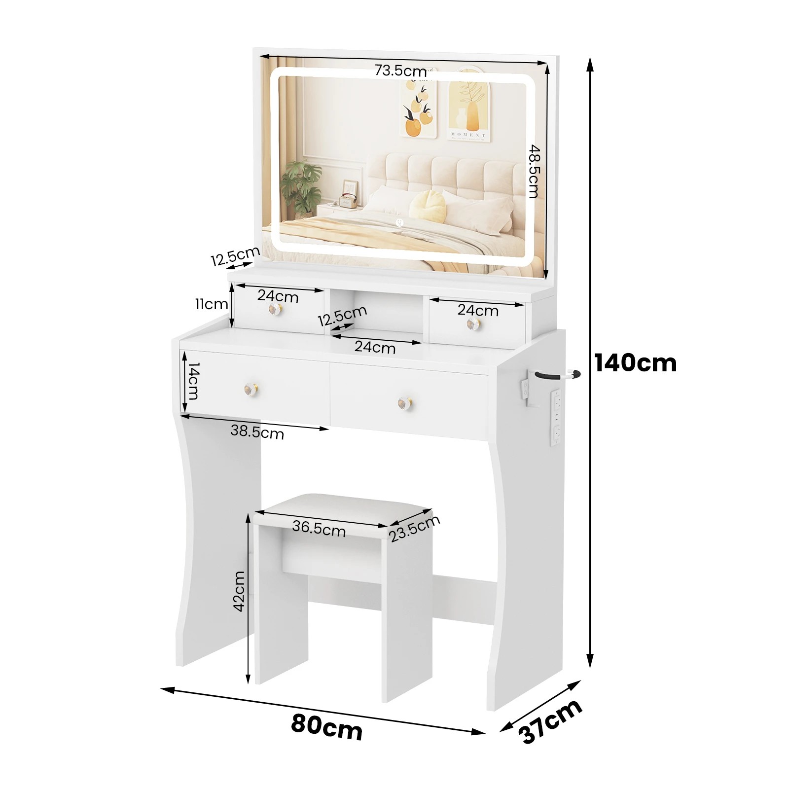 3 Advwin Makeup Vanity Desk with Mirror Charging Station and 4 Drawers - White, 3 of 10