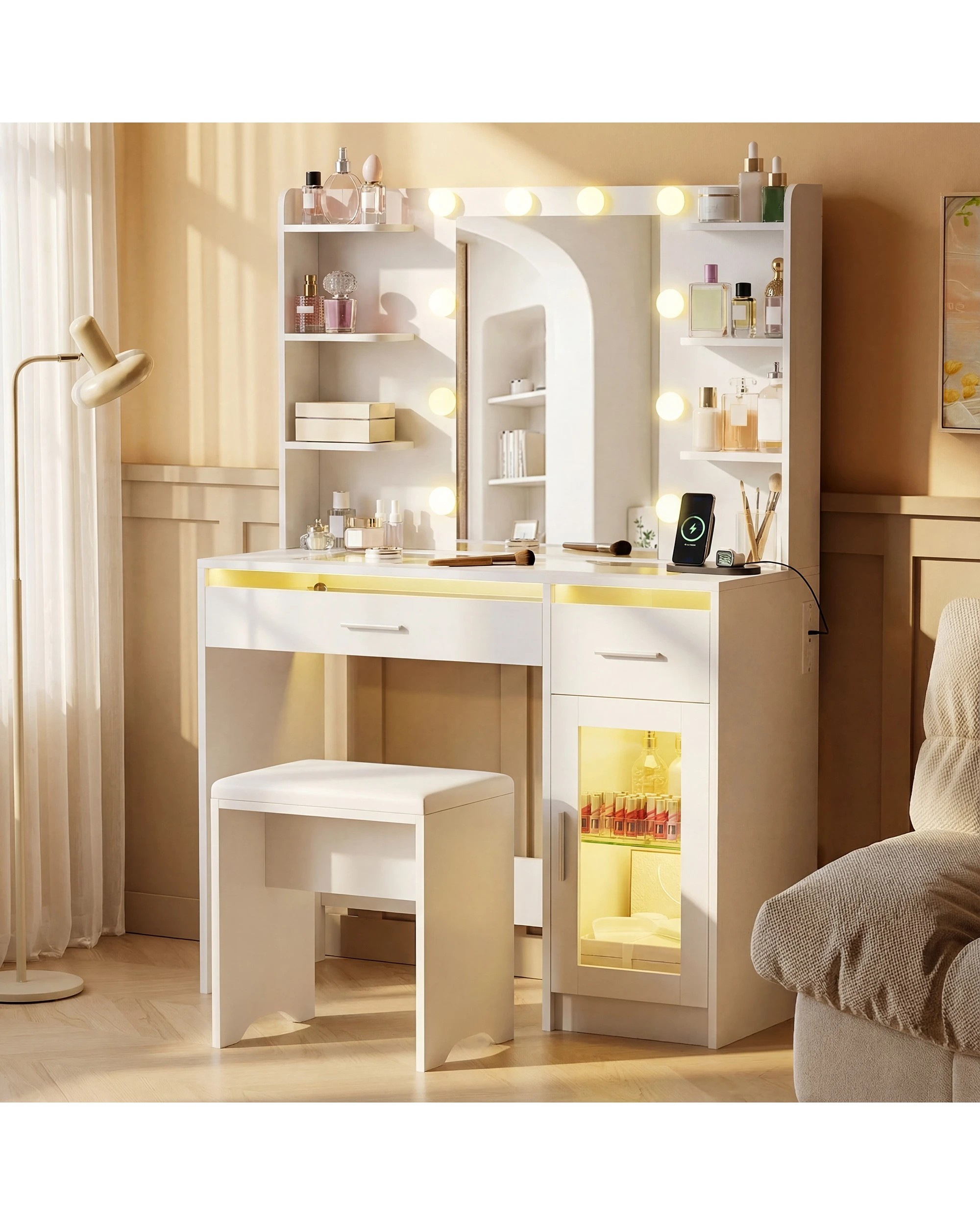 2 Advwin Dressing Table Vanity Desk with Glass Tabletop & Cabinet LED Light Charging Station - White, 2 of 9