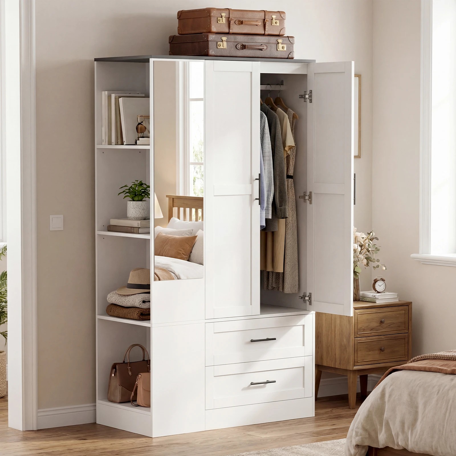 2 Advwin 2 Doors Armoire Wardrobe Closet with Mirror & 4 Open Shelves - White, 2 of 7