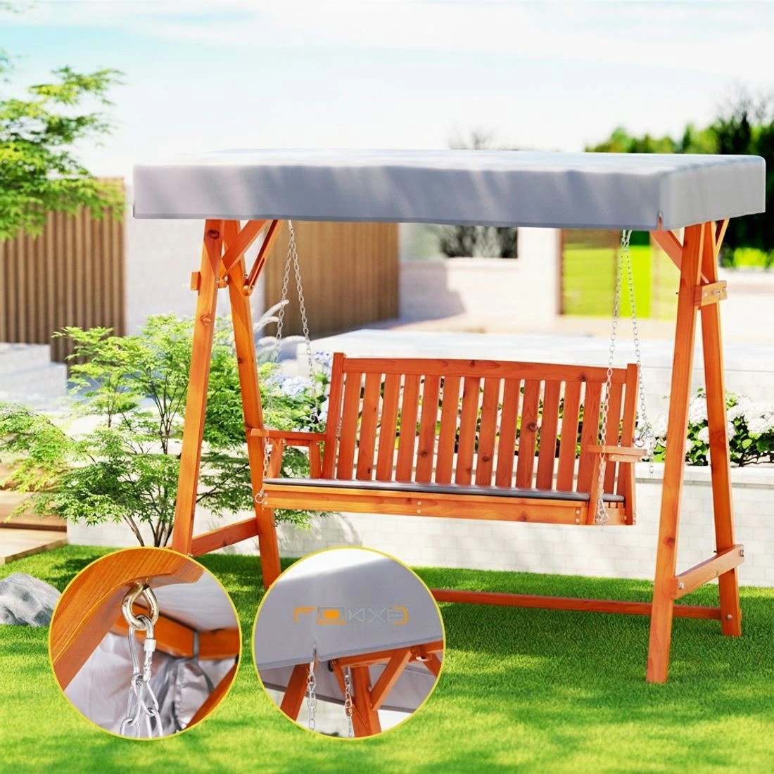 3 Gardeon Outdoor Wooden Swing Chair Garden Bench Canopy Cushion 3 Seater - Multi, 3 of 7