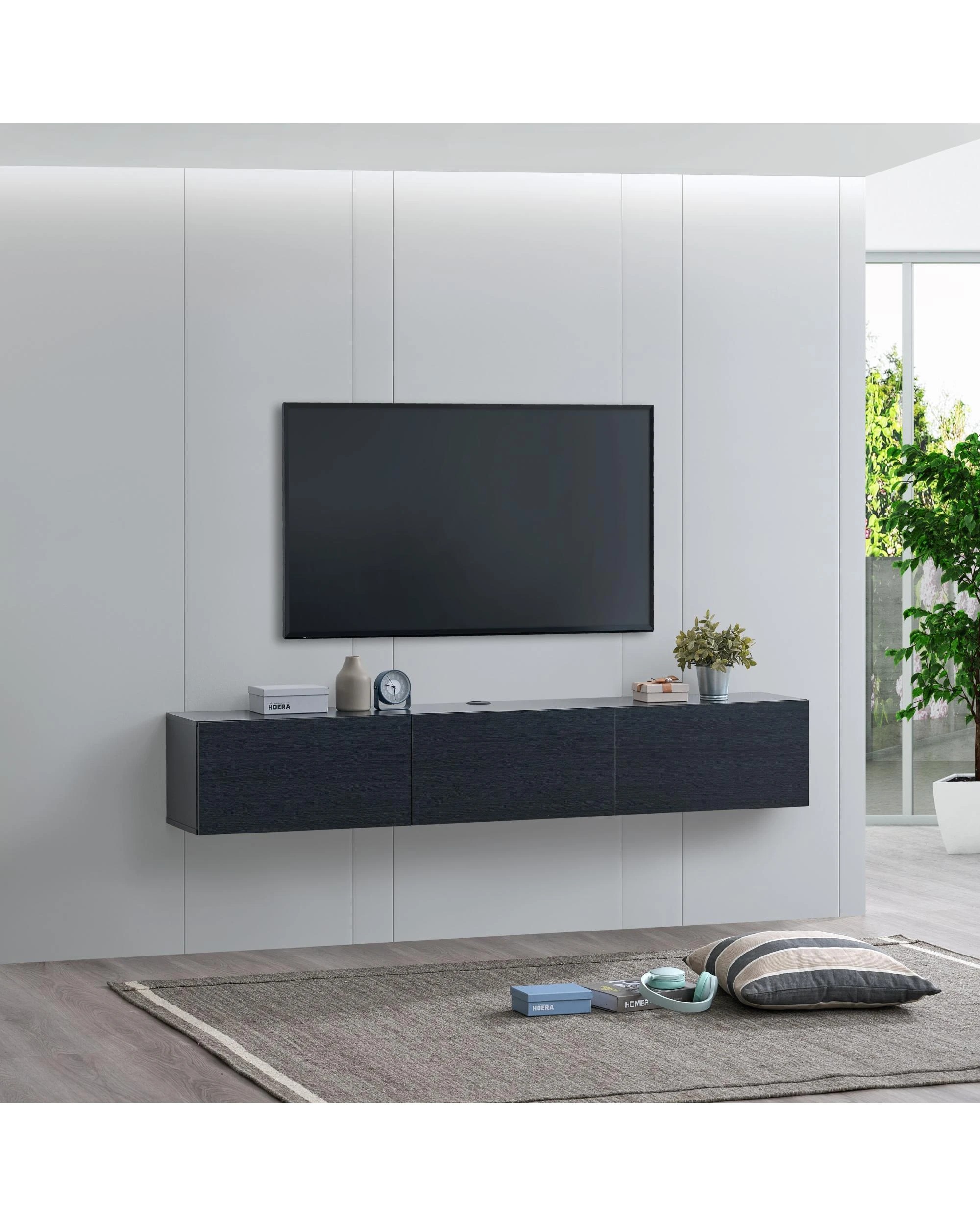 3 Kodu Wall Mount Entertainment TV Unit Floating 3 Doors 180cm - Black, 3 of 7