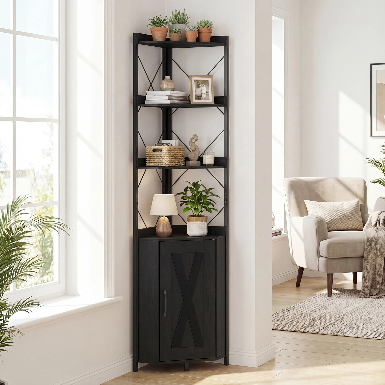 2 Costway Corner Shelf Bookshelf 180cm Tall Storage Cabinet Open Display Rack - Black, 2 of 4