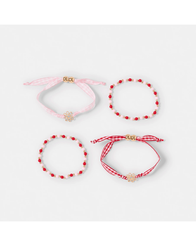 4 Pack Flower Bracelets - Gold Tone, Pink, Red and W