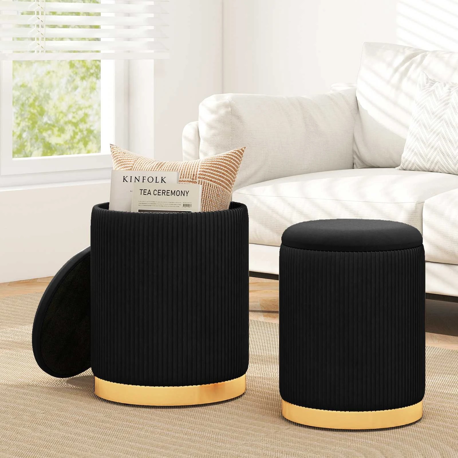 2 Costway 2PCS Round Storage Ottoman Linen Fabric Vanity Stool Upholstered Chair Black, 2 of 3