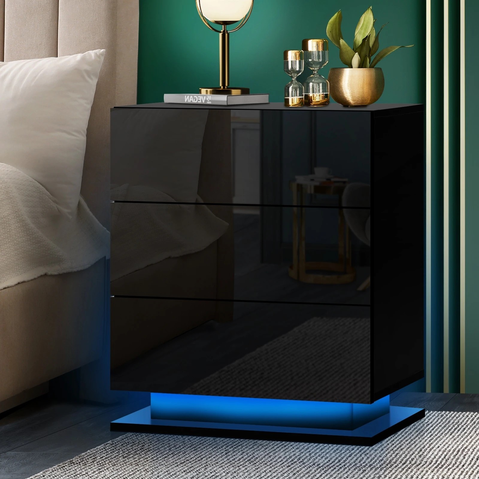 2 Oikiture Bedside Table Rgb Led Nightstand Cabinet 3 Drawers
 - Black, 2 of 10