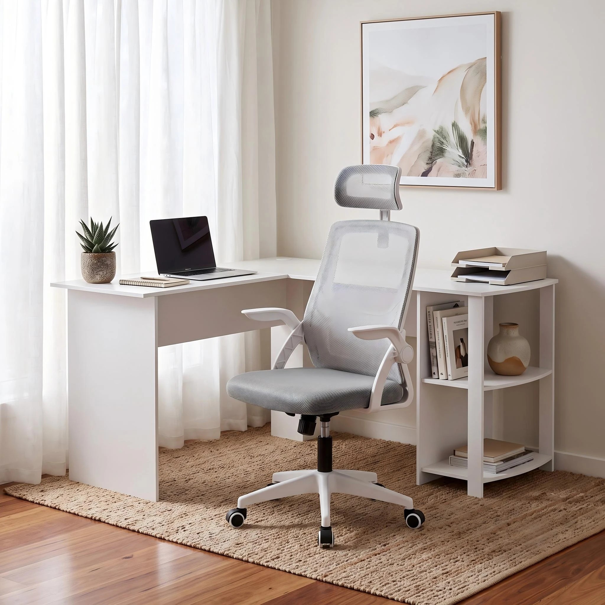 2 Artiss Office Desk & Chair Set 136cm L Shaped Computer Desk with Shelves Ergonomic Office Chair Adjustable - Multi, 2 of 8