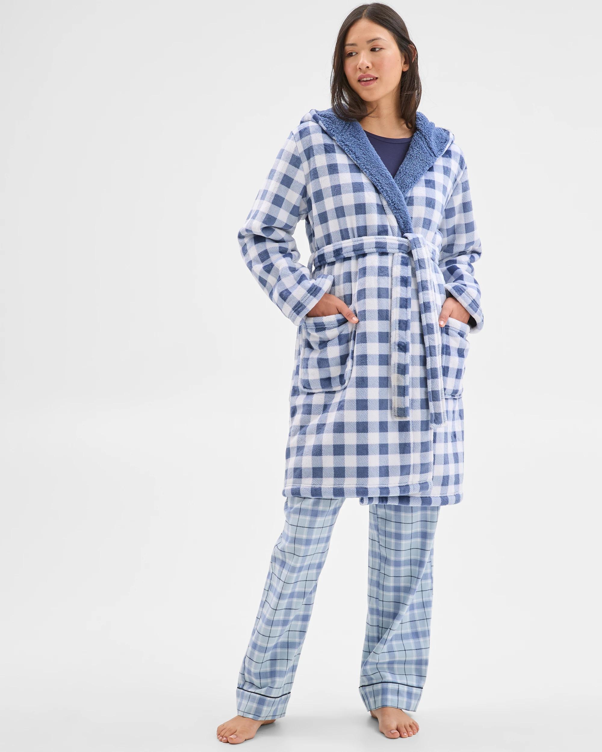 3 Target Woman Sherpa Hooded Sleep Robe CHECK BLUE, 3 of 7