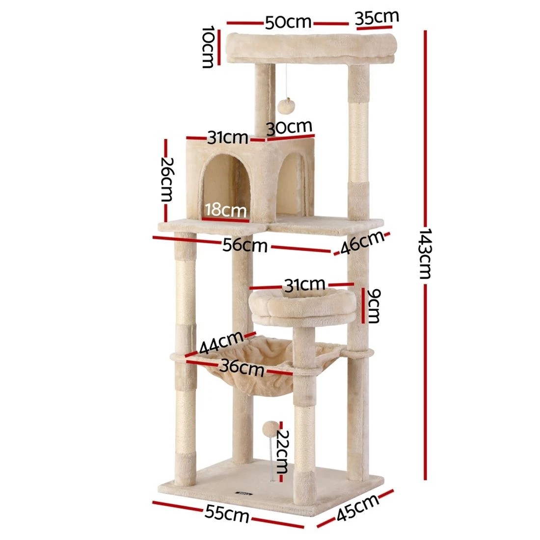 4 i.Pet Cat Tree 143cm Tower Scratching Post Trees Scratcher Condo House - Beige, 4 of 6