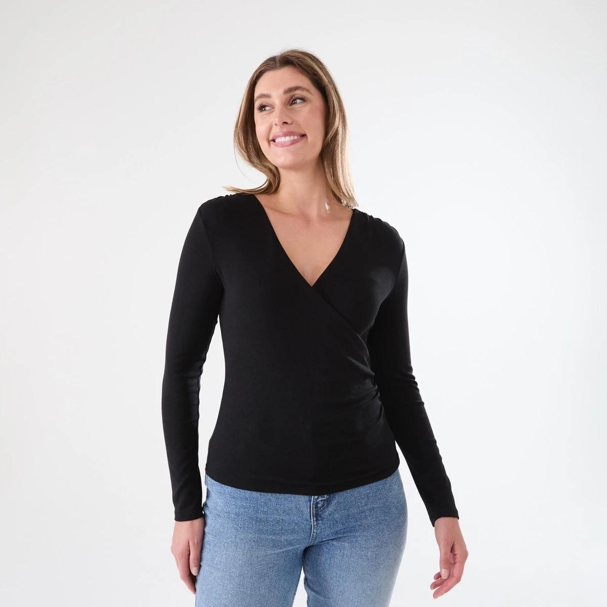 1 Long Sleeve Ruched Wrap Top Black, 1 of 5