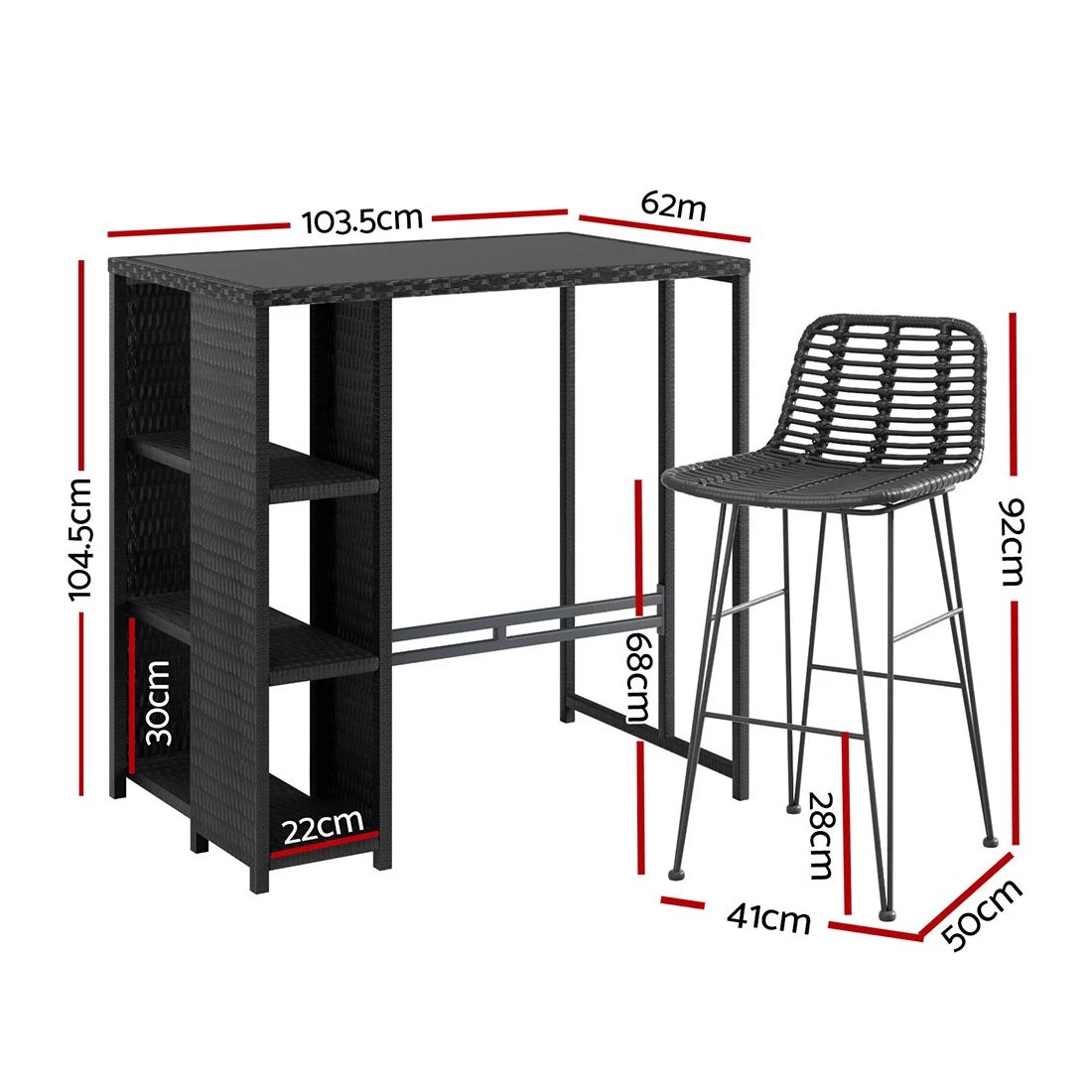 2 Gardeon Outdoor Bar Set Patio Furniture Dining Chairs Table and Chairs Wicker - Black, 2 of 6