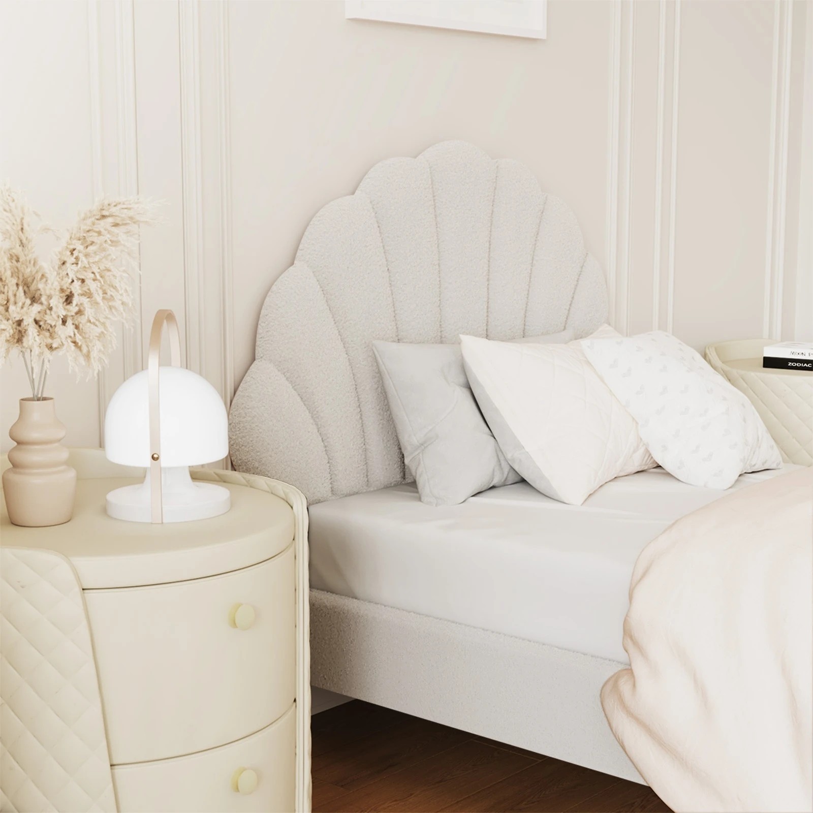 4 Oikiture Single Bed Frame Scallop-shape Bedhead Boucle
 - White, 4 of 10