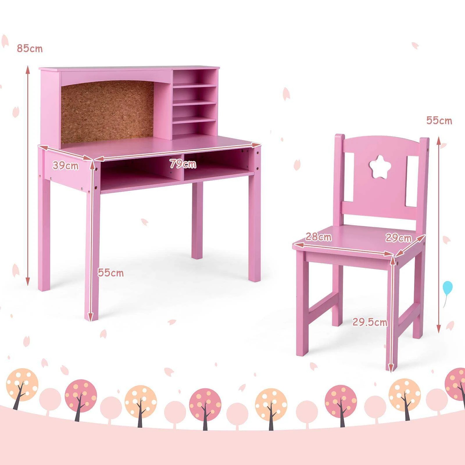 2 Costway Desk Chair Set Study Writing Table w/Cork Bulletin Board Bookshelf - Pink, 2 of 3