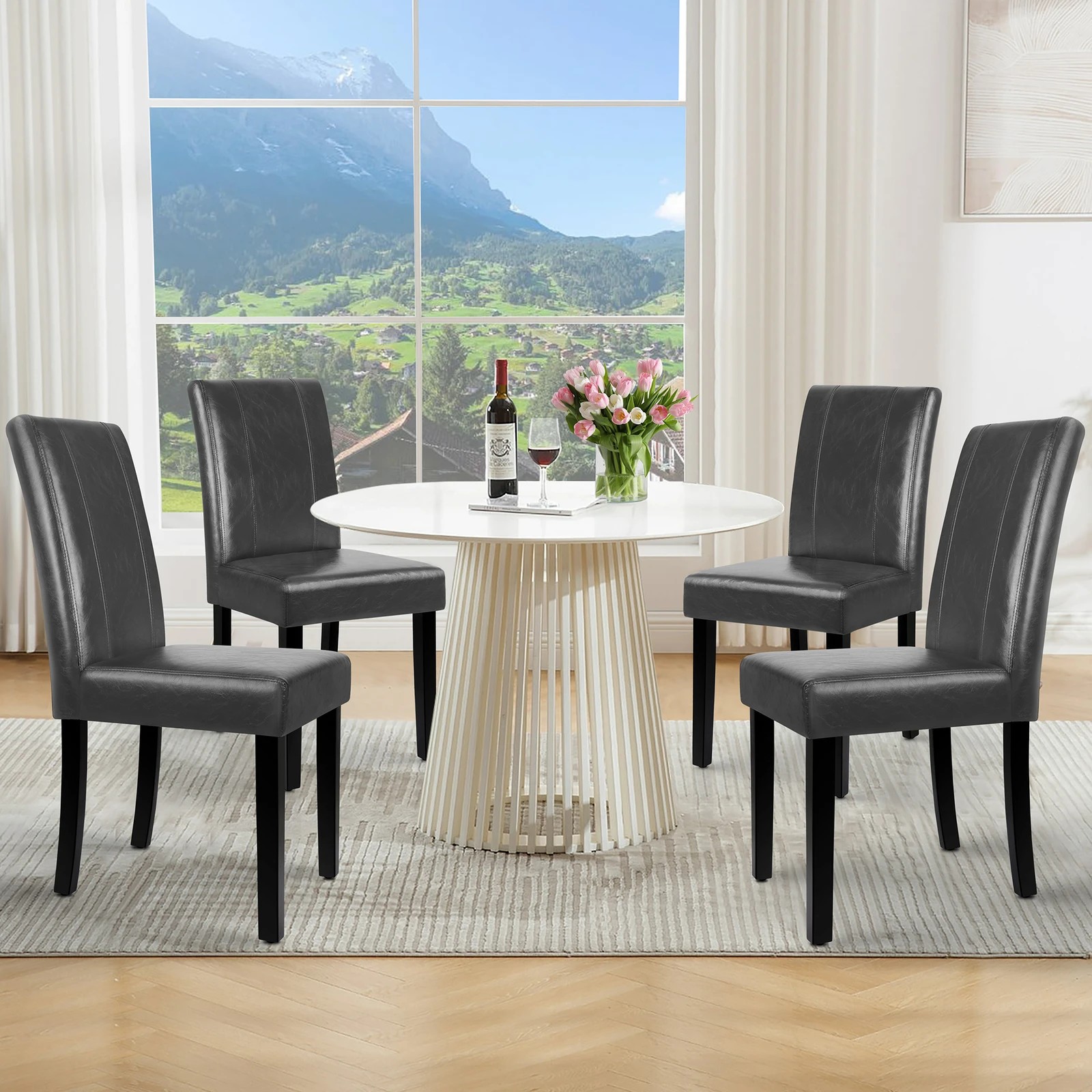 2 Alfordson 4x Dining Chairs Cafe Kitchen Chair High-Back Wooden PU Leather - Grey, 2 of 10