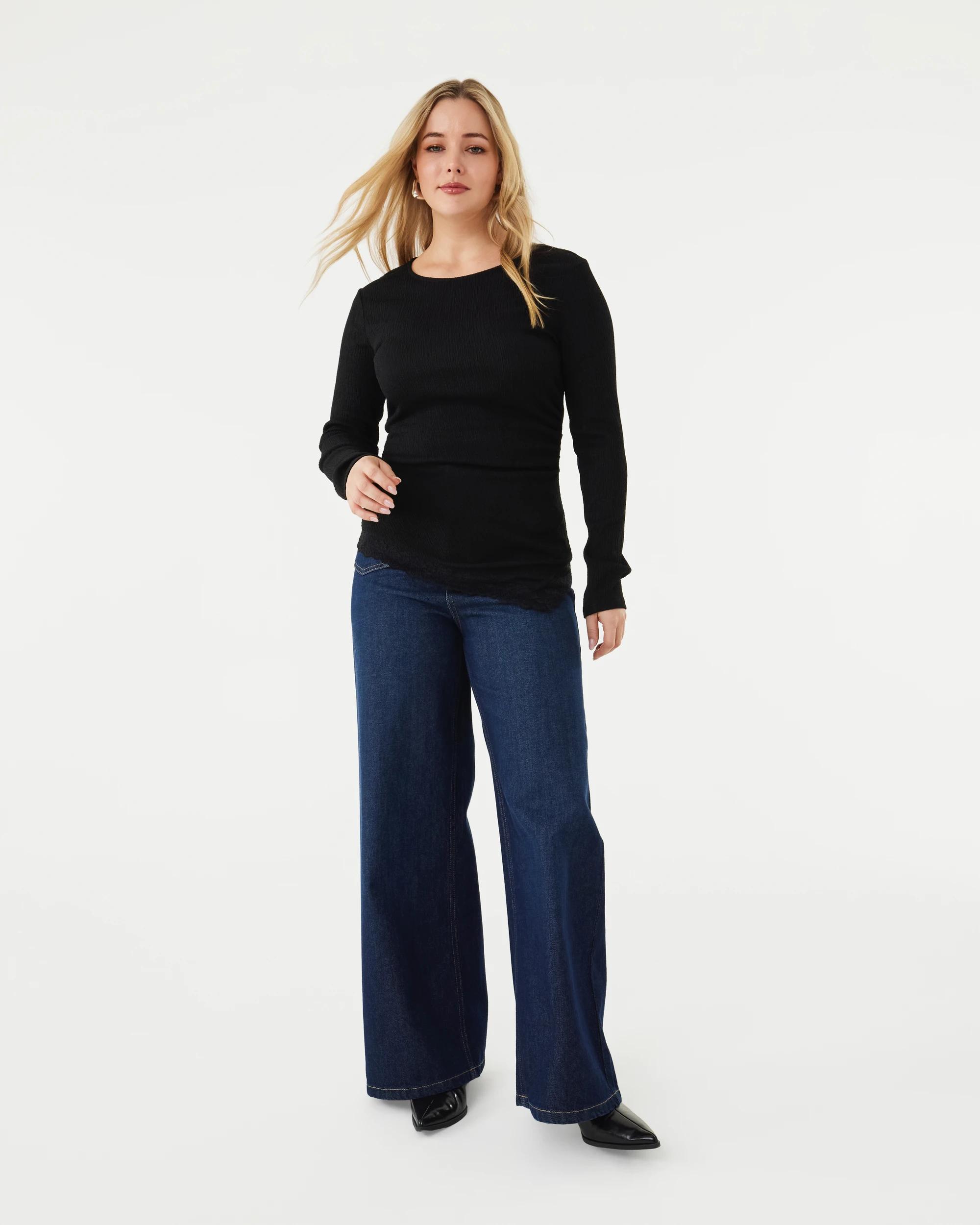 2 Long Sleeve Asymmetrical Lace Trim Top Black, 2 of 8